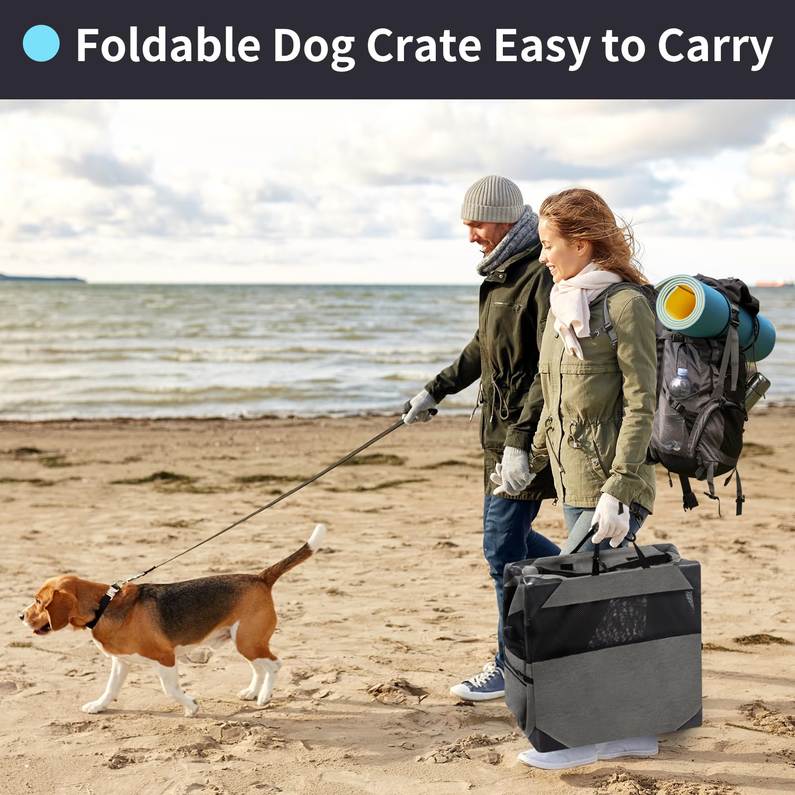 Outtsp 36 Inch Portable Travel Dog Crate, 3 Door Collapsible Soft Pet Kennel with Durable Mesh Windows for Medium Dogs, Foldable