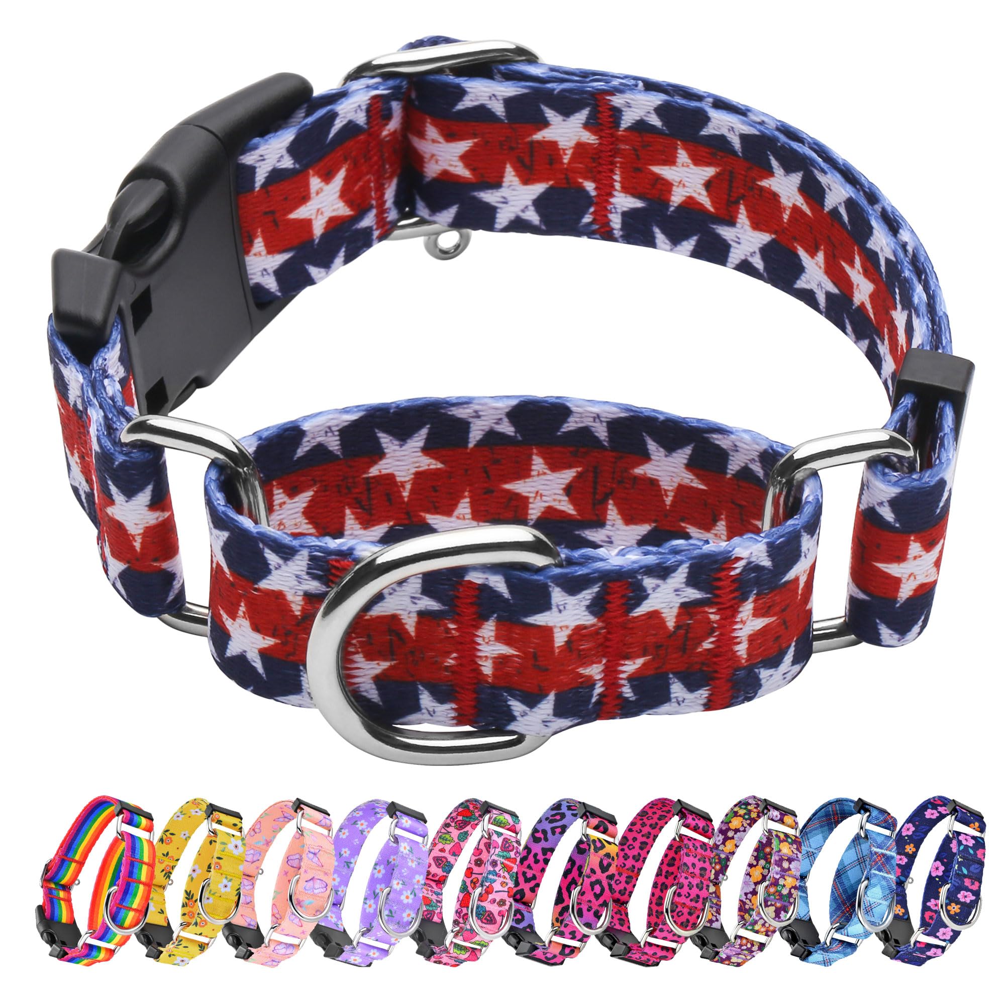 Hikiko American Flag Martingale Collar With Buckle Adjustable Soft Nylon Dog Collars For Small Medium Large Dog (Star,Large)