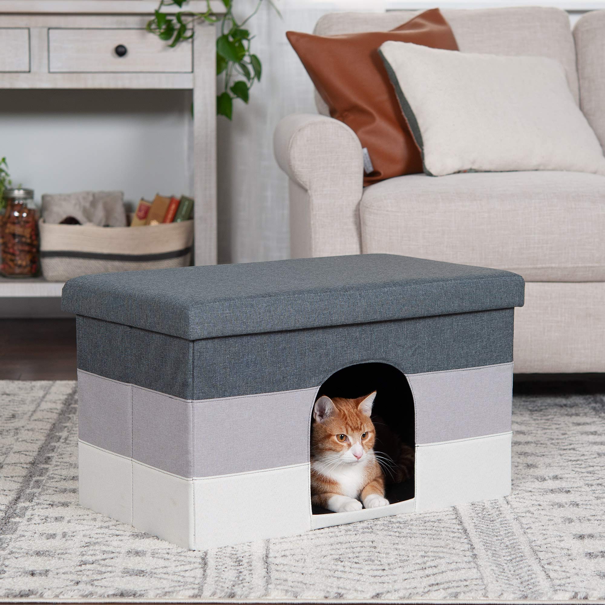Furhaven Large Pet House Collapsible Ottoman-Footstool Condo Pet Bed - Hygge Stripe (Gray/Cream), Large