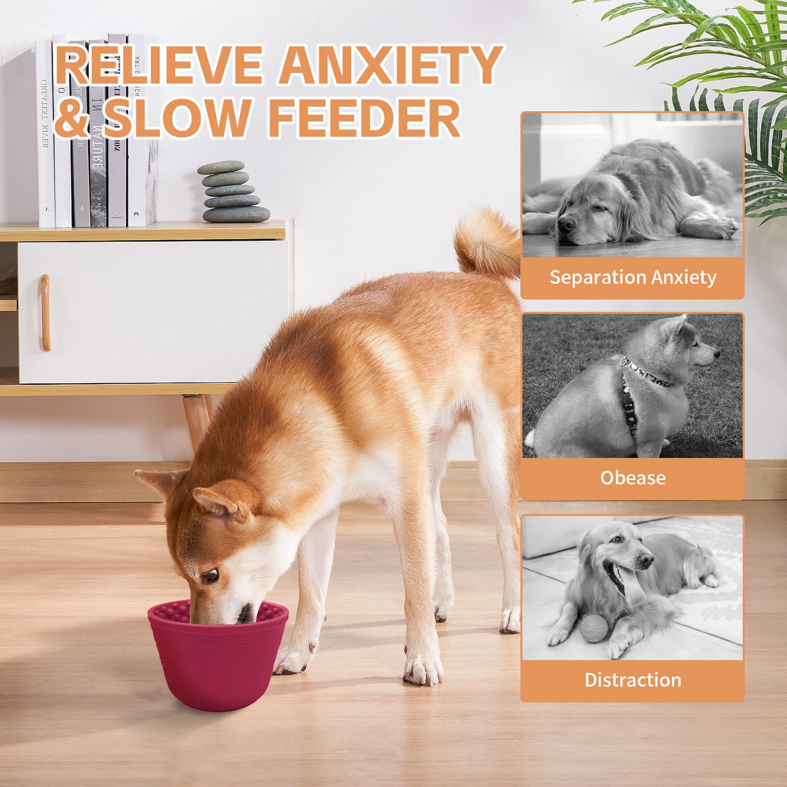 Dog Lick Bowl with Brush and Scraper, Anxiety Relief Silicone Slow Feeder Treat Dispenser, Anti-chocking Pet Dish, Non-Slip Inte
