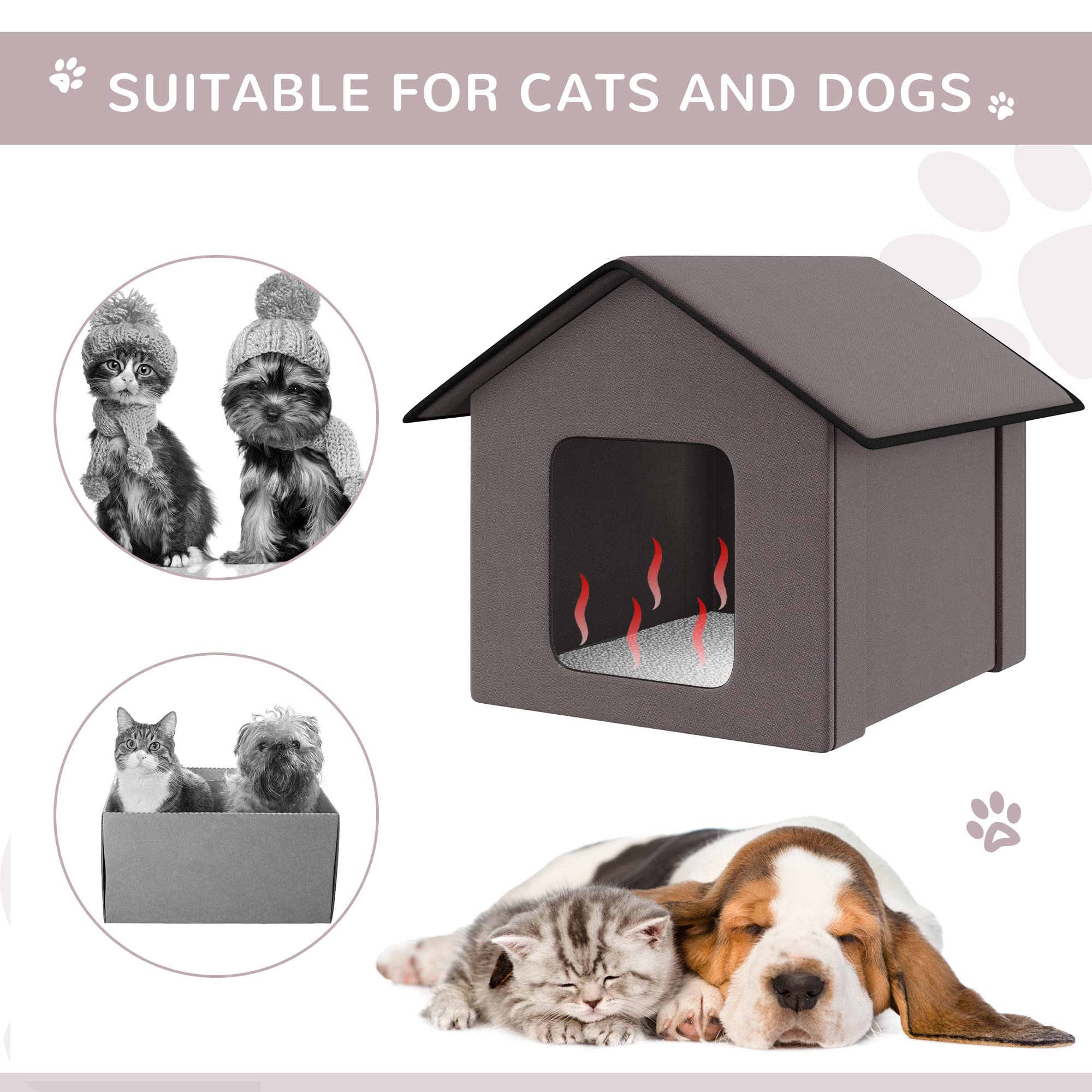 Pawhut Heated Cat Houses For Outdoor And Indoor, Portable Kitty Shelter, Waterproof And Insulated, Brown