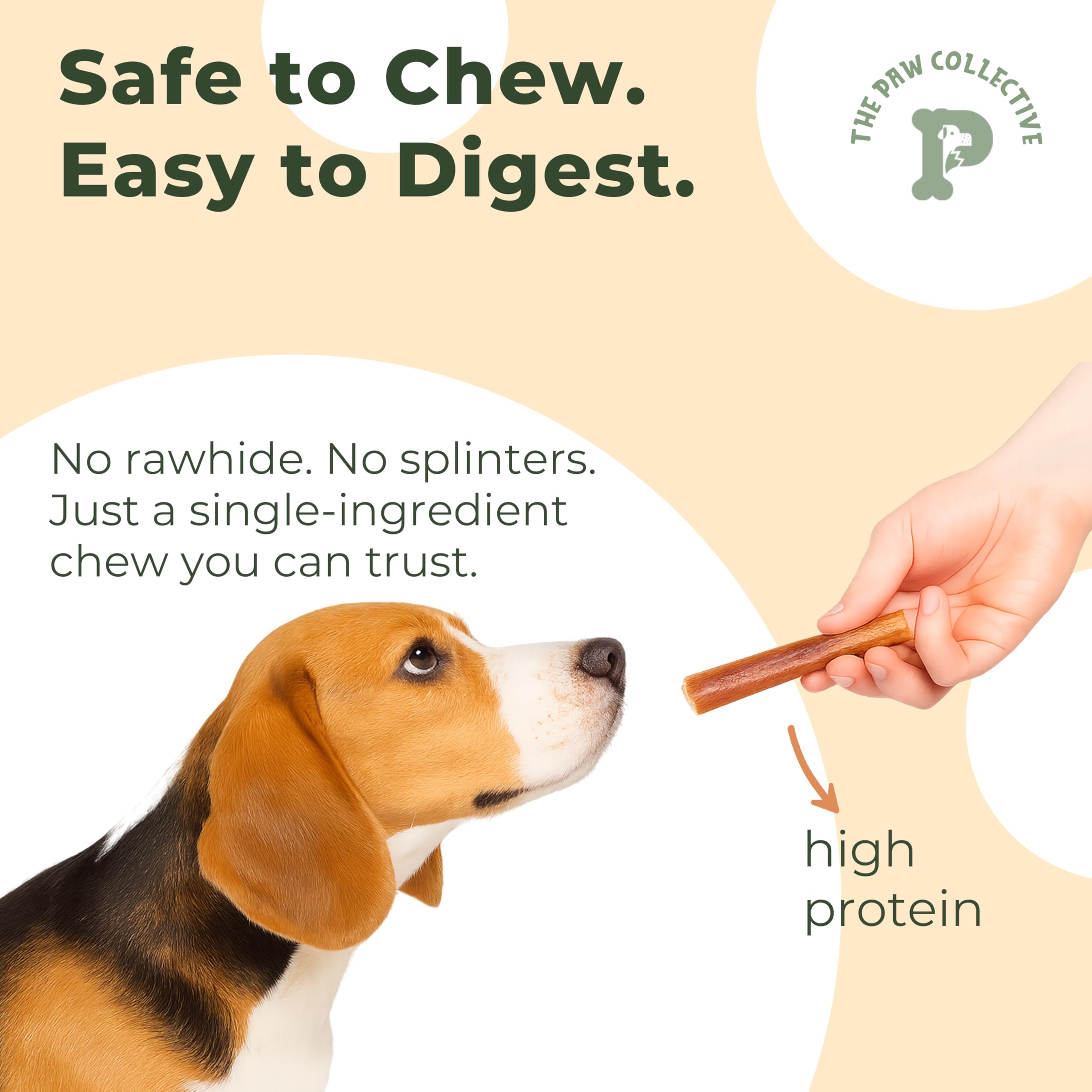 The Paw Collective Bully Stick Dog Treats - Odor Free, 6" Chew Sticks, 5 Pack, Natural Dental Chew, Free Range Grass Fed Beef