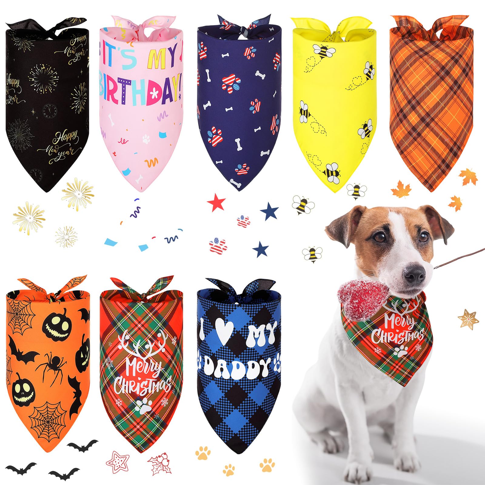 Saintrygo 8 Packs Fall Dog Bandanas Holiday Halloween Christmas Birthday Scarf Adjustable Pet Scarf Pet Bandana for Small Medium