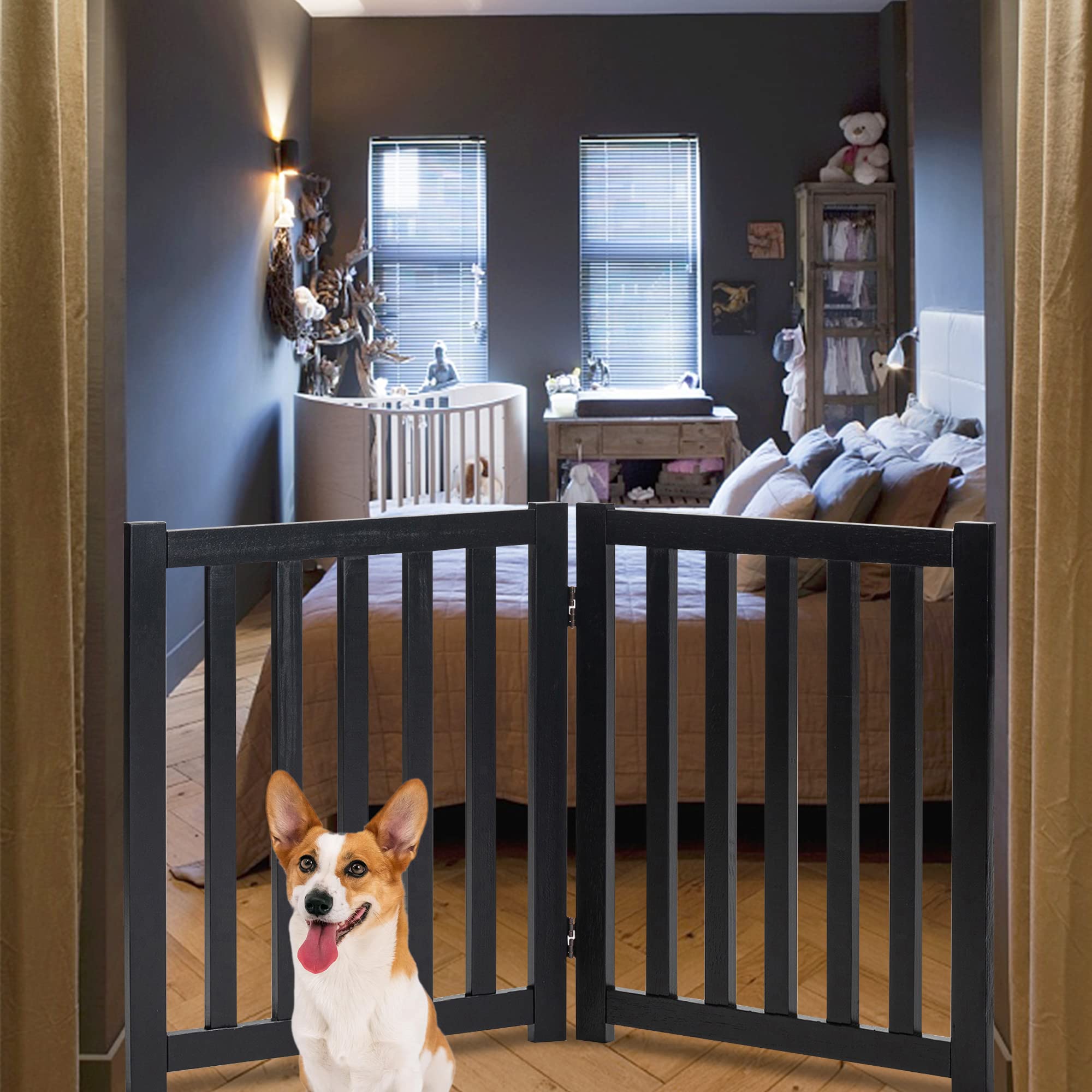 Lzrs 2-Panel Freestanding Adjustable Wooden Dog Gate ?Sturdy, Foldable Natural Solid Hardwood Pet Barrier With Stylish Design For Small Dogs And Narrow Spaces, Black