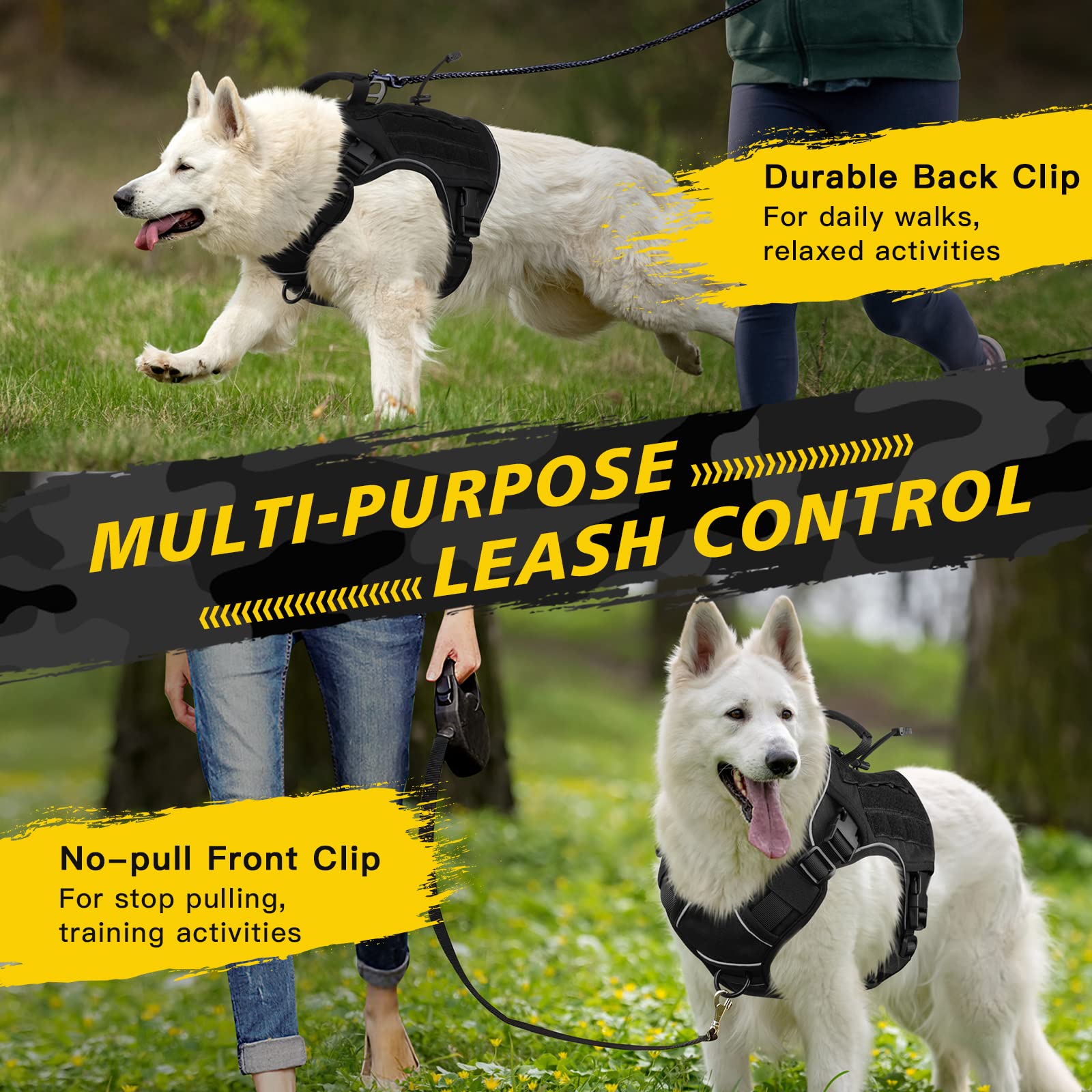 Wingoin Black Tactical Dog Harness For Large Dogs No Pull Adjustable Reflective Military Pet Harness With Easy Control Handle With Hook & Loop Panels For Walking Hiking Training(Xl)