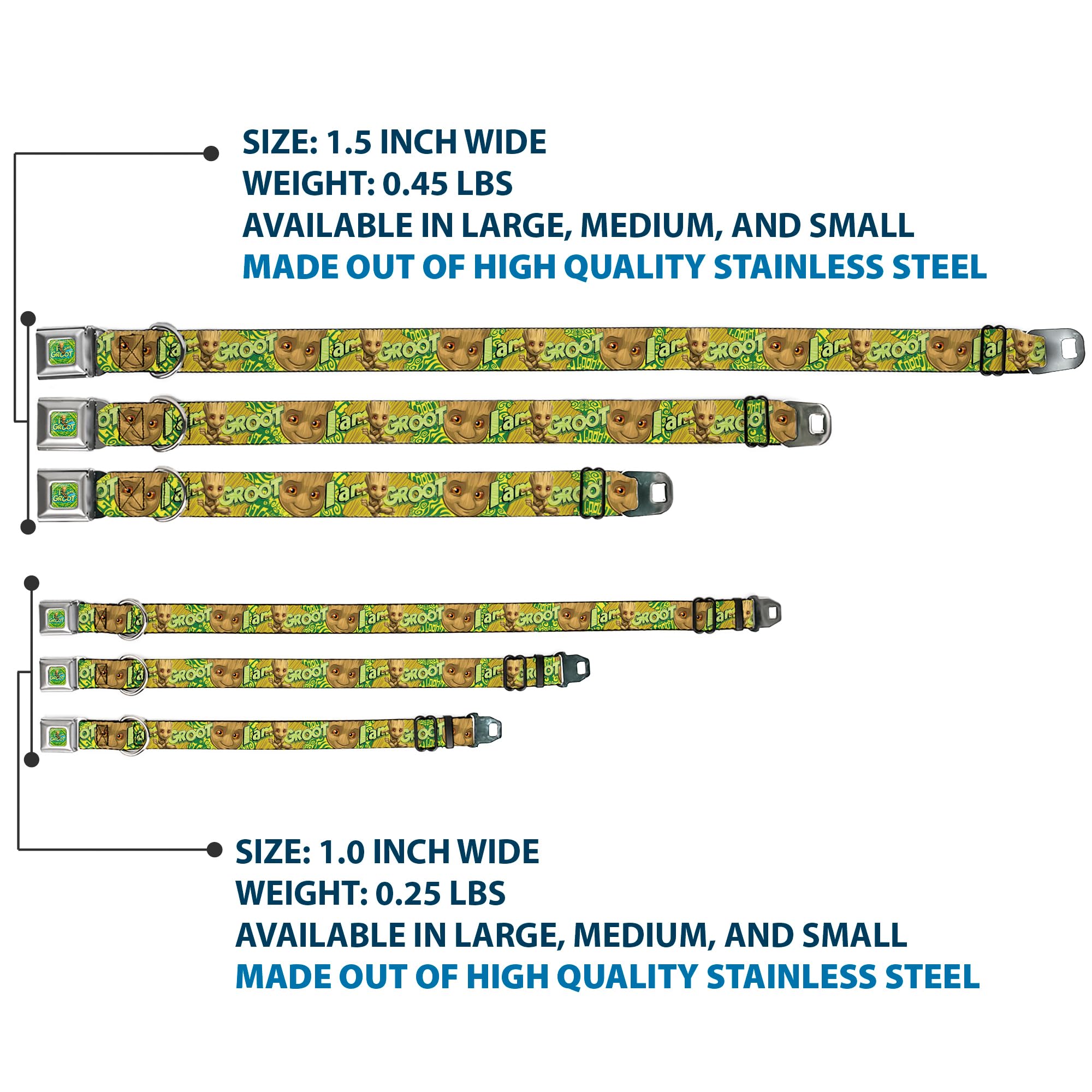 Buckle-Down Dog Collar Seatbelt Buckle Baby Groot Pose Face I Am Groot Browns Greens Yellows 16 To 23 Inches 1.5 Inch Wide, Multi Color (Dc-Sb-Mcjp-Wmc185-1.5-M)
