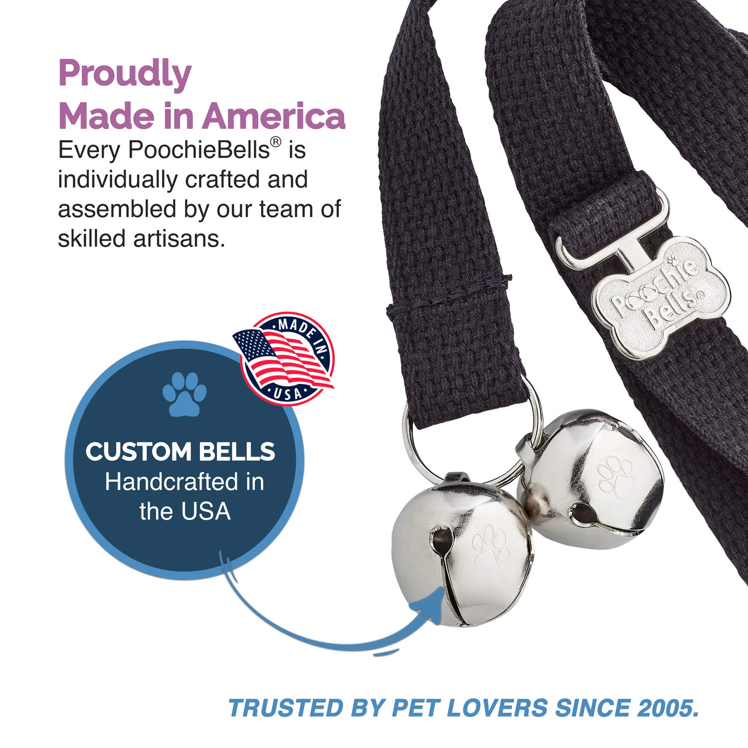Poochiebells Original Handcrafted Dog Doorbell - Trusted By Trainers For 20+ Years, One Size Fits All Breeds, Durable And Thick Cotton Webbing, Made In Usa, Black