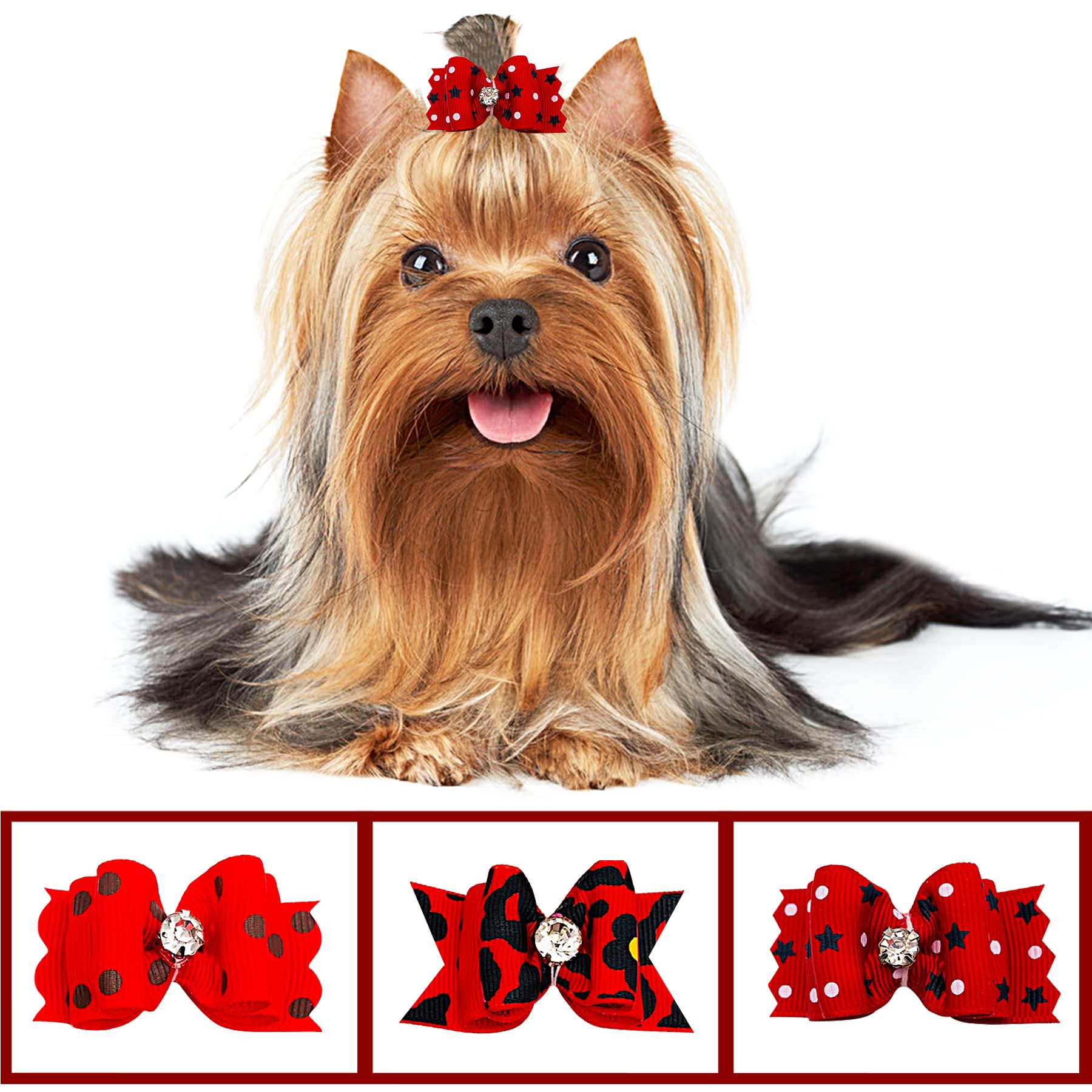 Pet Show Mixed Styles Pet Cat Puppy Topknot Small Dog Hair Bows With Rubber Bands Grooming Accessories Red Pack Of 20