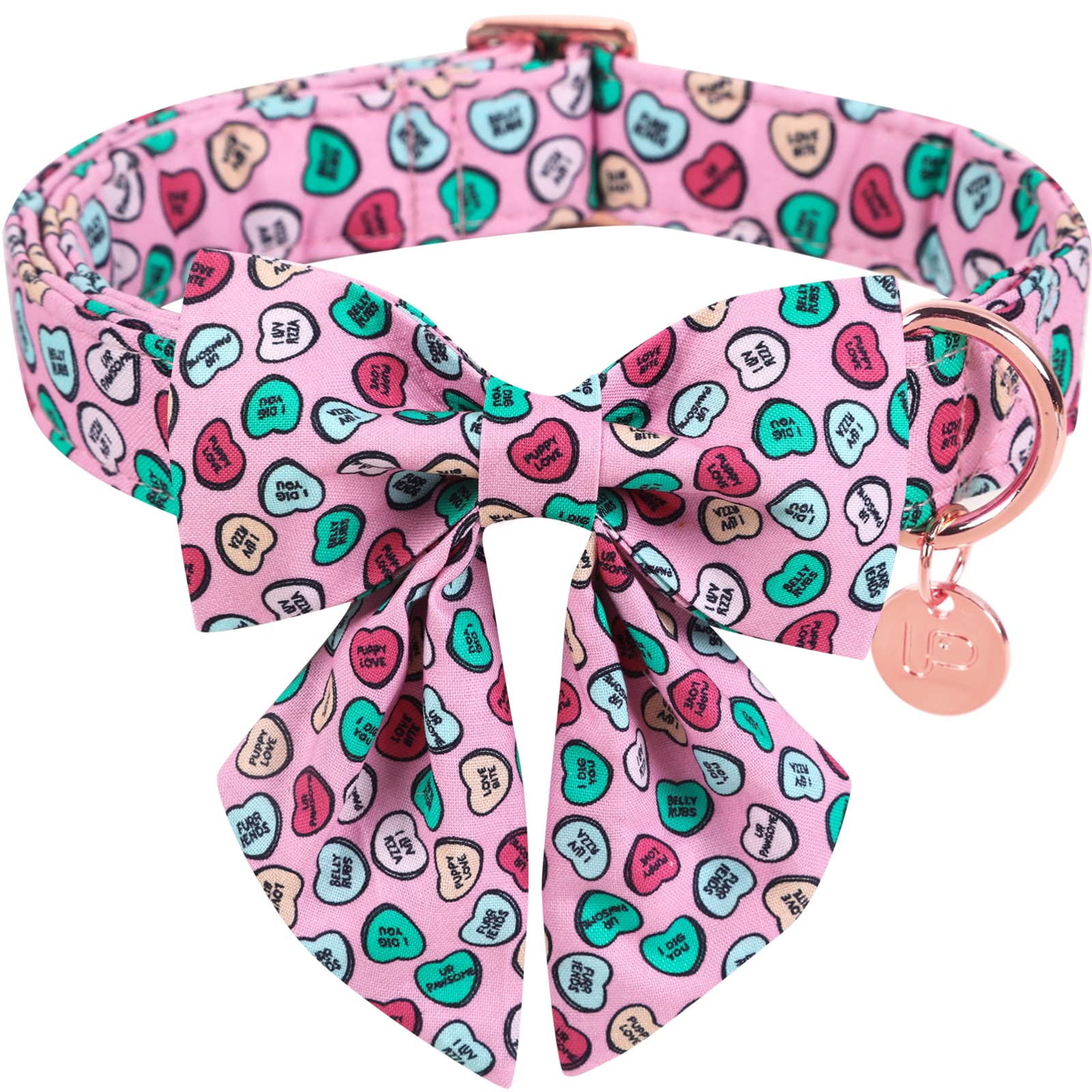 Up Urara Pup Valentine’S Day Dog Collar With Bow Tie, Valentine Bowtie Collar For Small Girl Boy Dog, Valentine’S Day & Wedding Gift Pet Collar, Cotton Pink Collar With Metal Buckle, S, Neck 10-16In