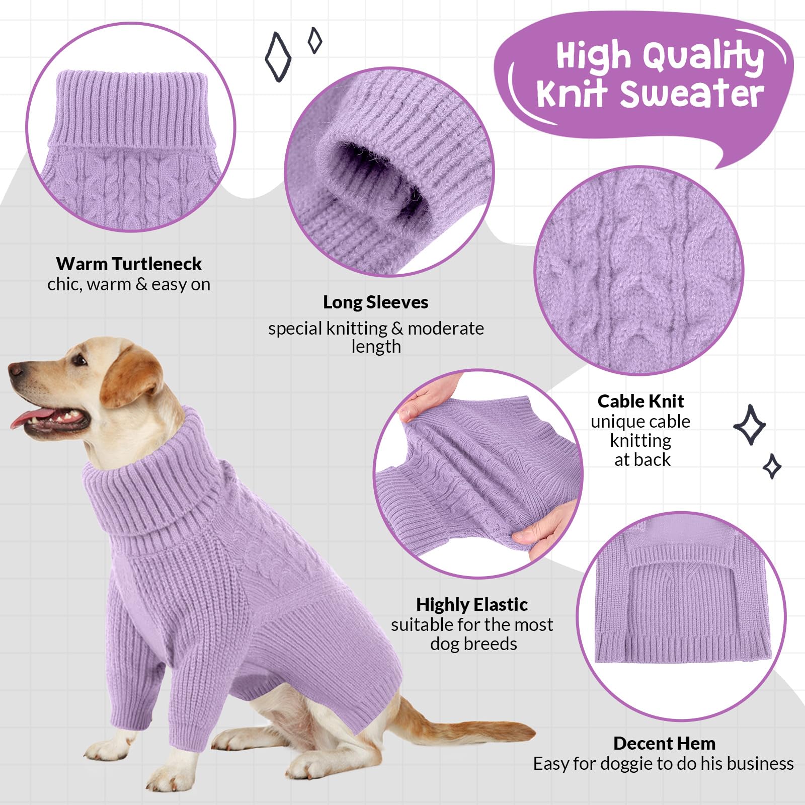 Queenmore Dog Sweater For Small Puppies & Large Dogs - Warm Winter Fall Sweater, Solid Turtleneck Knit With Long Sleeves, Lilac
