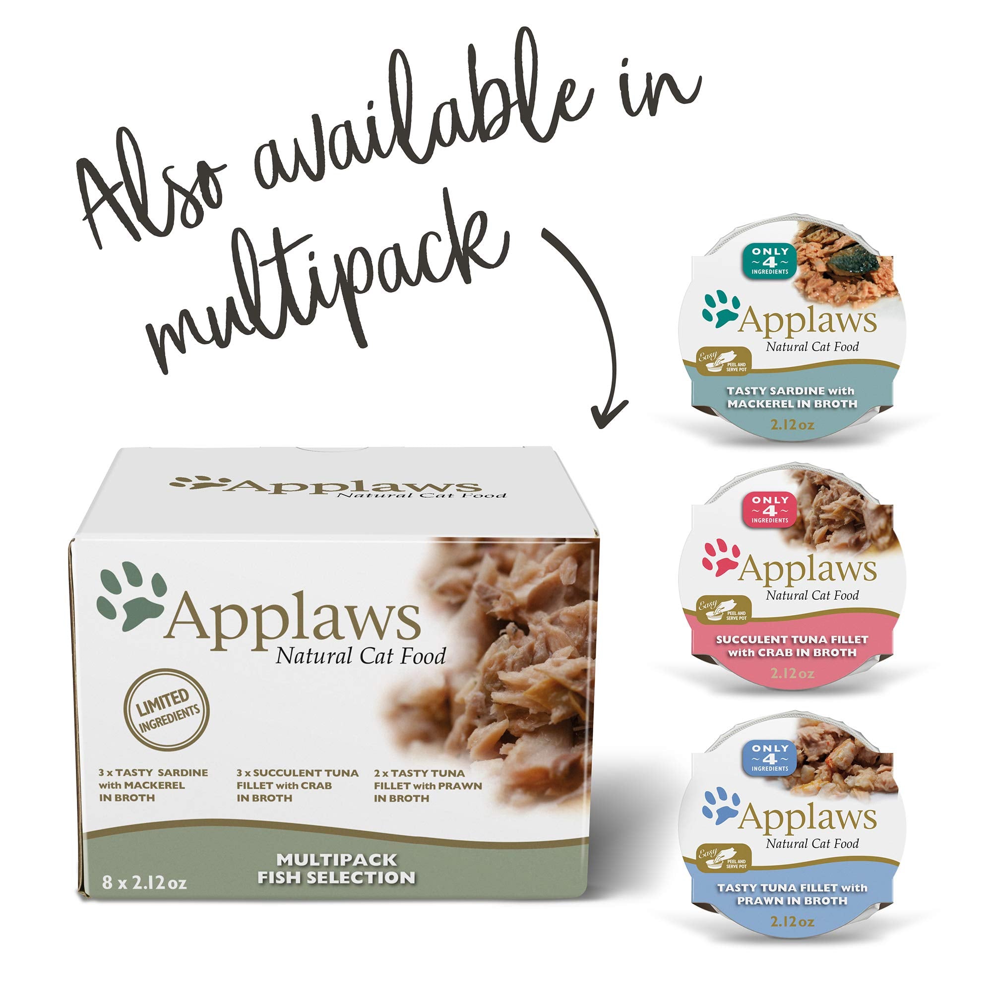 Applaws Natural Wet Cat Food, 18 Count, Limited Ingredient Cat Food Pots, Sardine with Mackerel in Broth, 2.12oz Pots