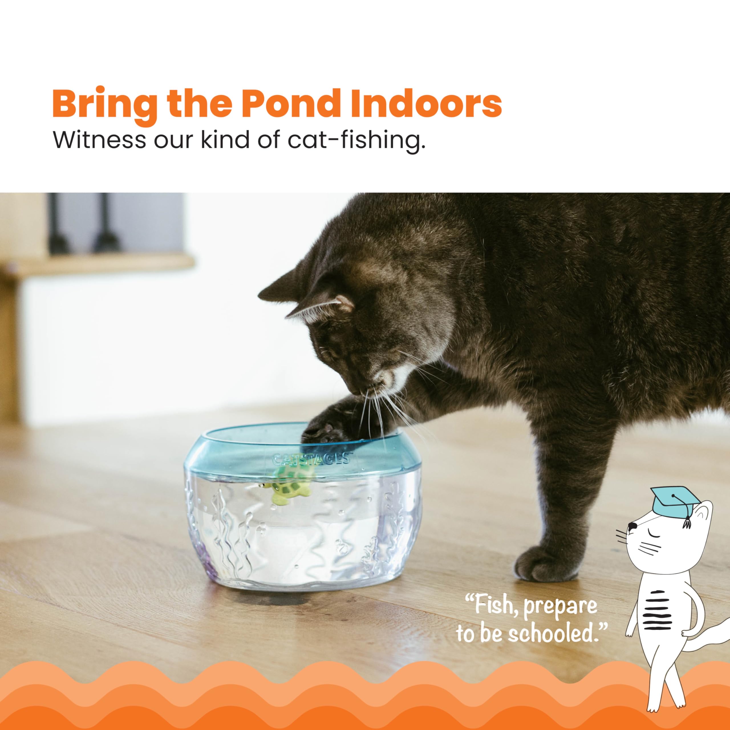 Catstages Meow-Smerizing Fish Bowl Cat Toy With Two Water Toys, Electronic Swimming Fish And Floating Turtle Toy Included, Blue