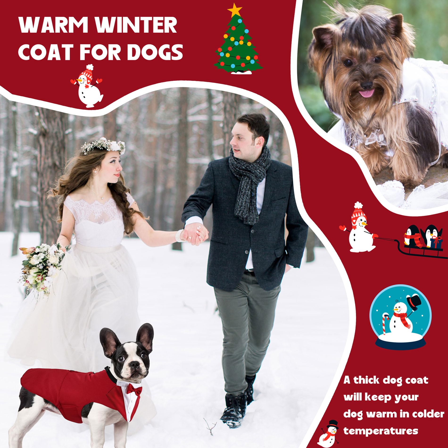 Dog Wedding Outfit Stylish Suit Bow Tie Costume Cold Weather Warm Flannel Lining Christmas Party Formal Tuxedo (Burgundy,S)