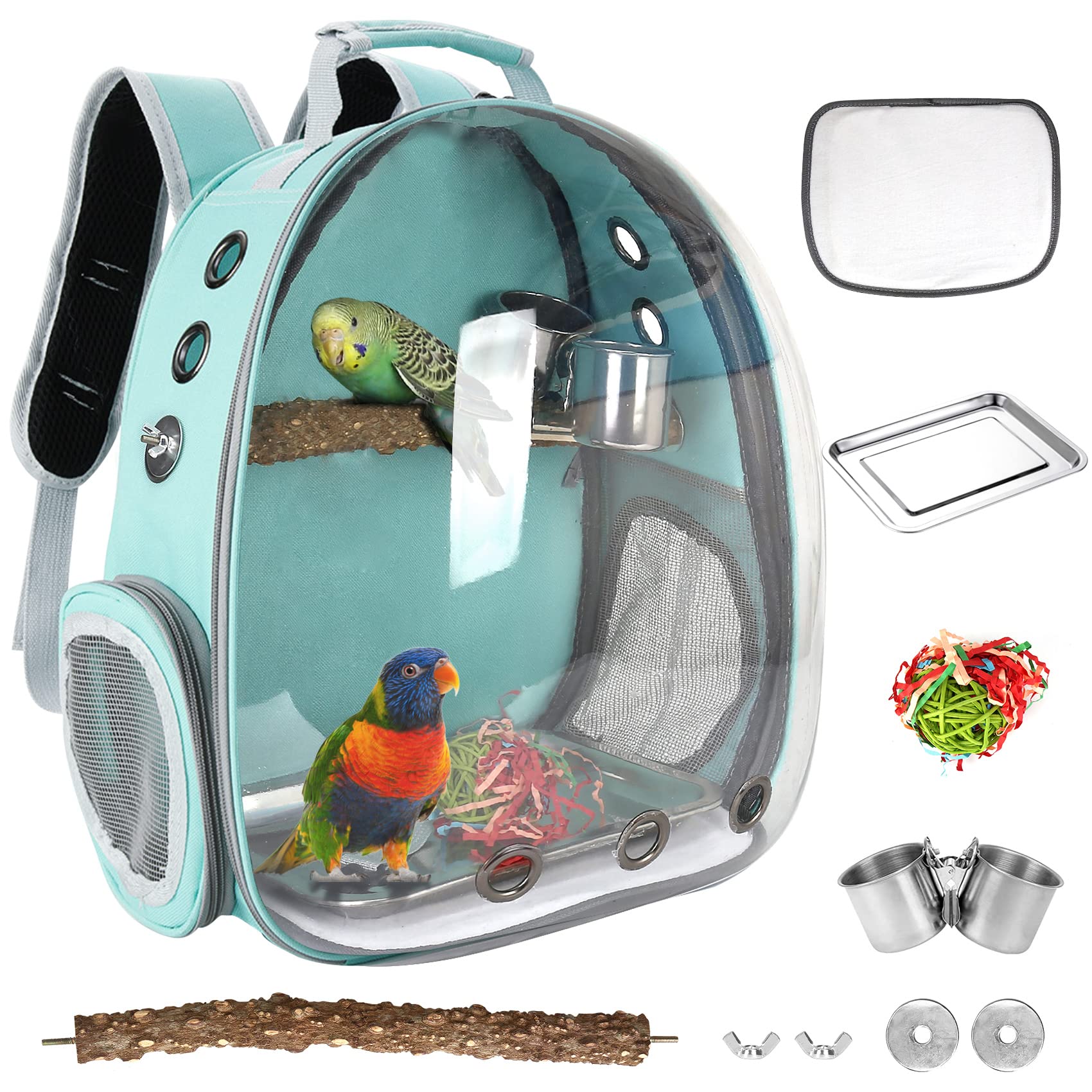 Bird Carrier Backpack Travel Cage with Perch, Breathable Clear Parrot Cockatiel Cage with Toy Stainless Steel Food Bowl Tray for