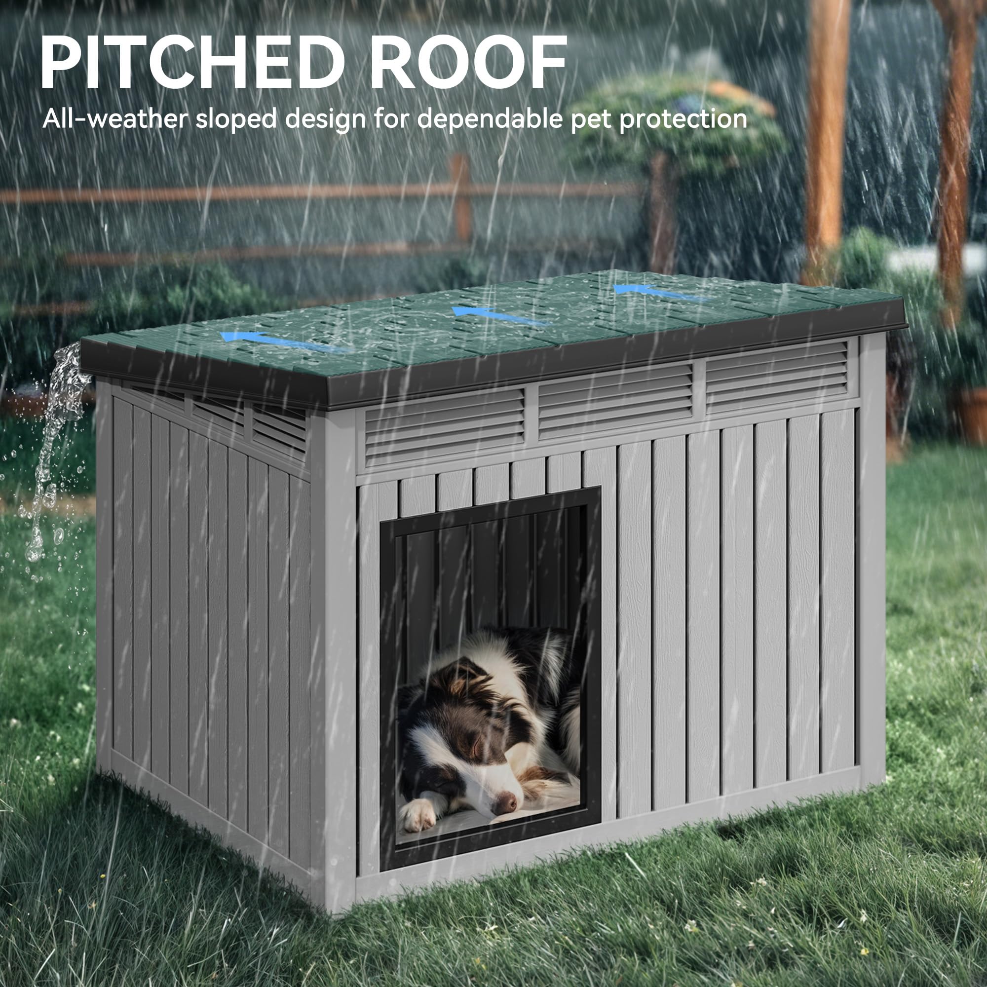 YITAHOME Plastic Dog House - Waterproof & Ventilated Indoor/Outdoor Kennel for Small to Medium Dogs, Gray, Model MAYIHdlwby