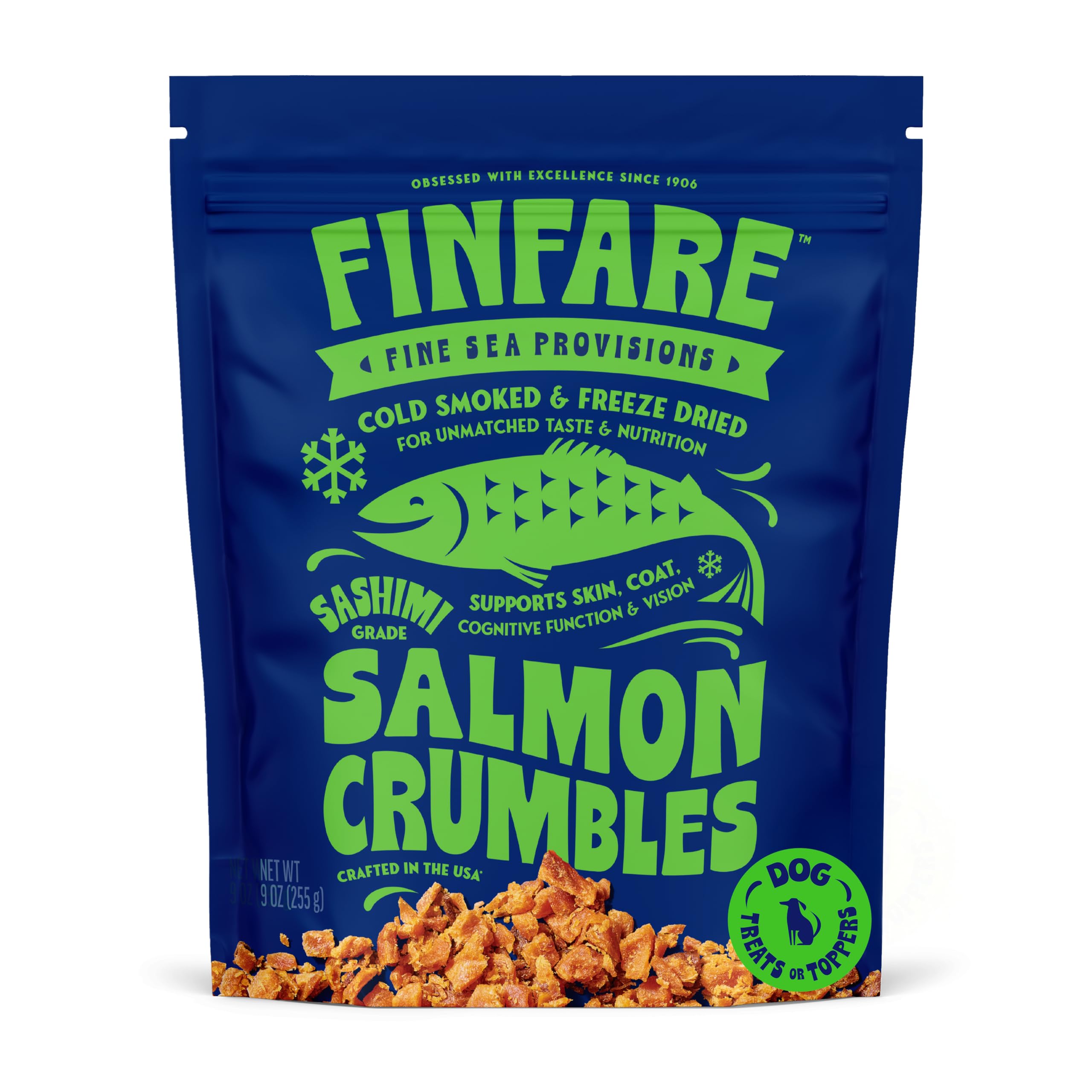 Finfare Freeze Dried Dog Treats, Salmon Crumbles, Protein & Omega-3s, Grain Free Salmon Dog Training Treats and Meal Topper, Cra