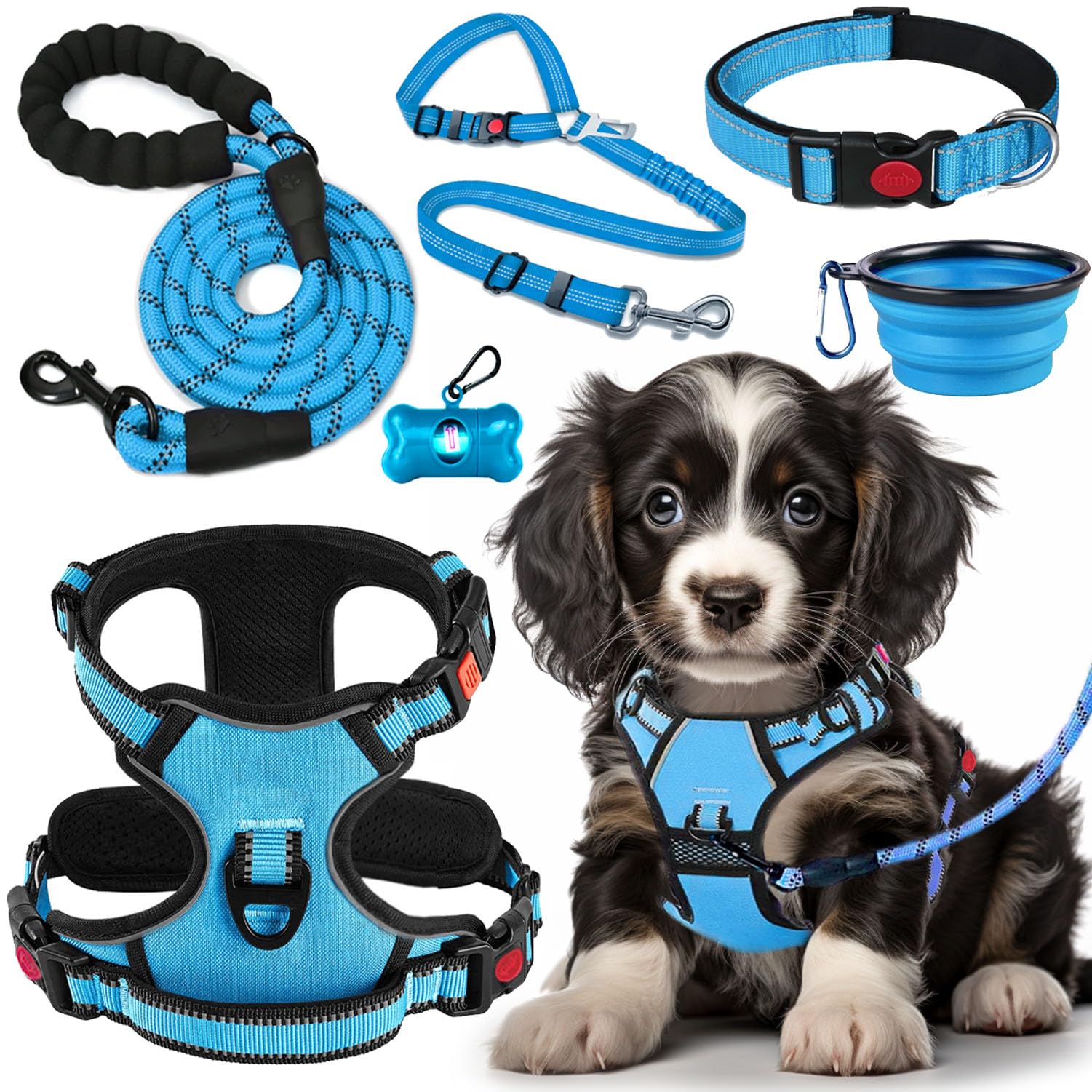 Lobeve No Pull Dog Harness, Collar & Leash Set With Retractable Dog Seat Belt, Collapsible Dog Bowls And Poop Bag Dispenser - Id