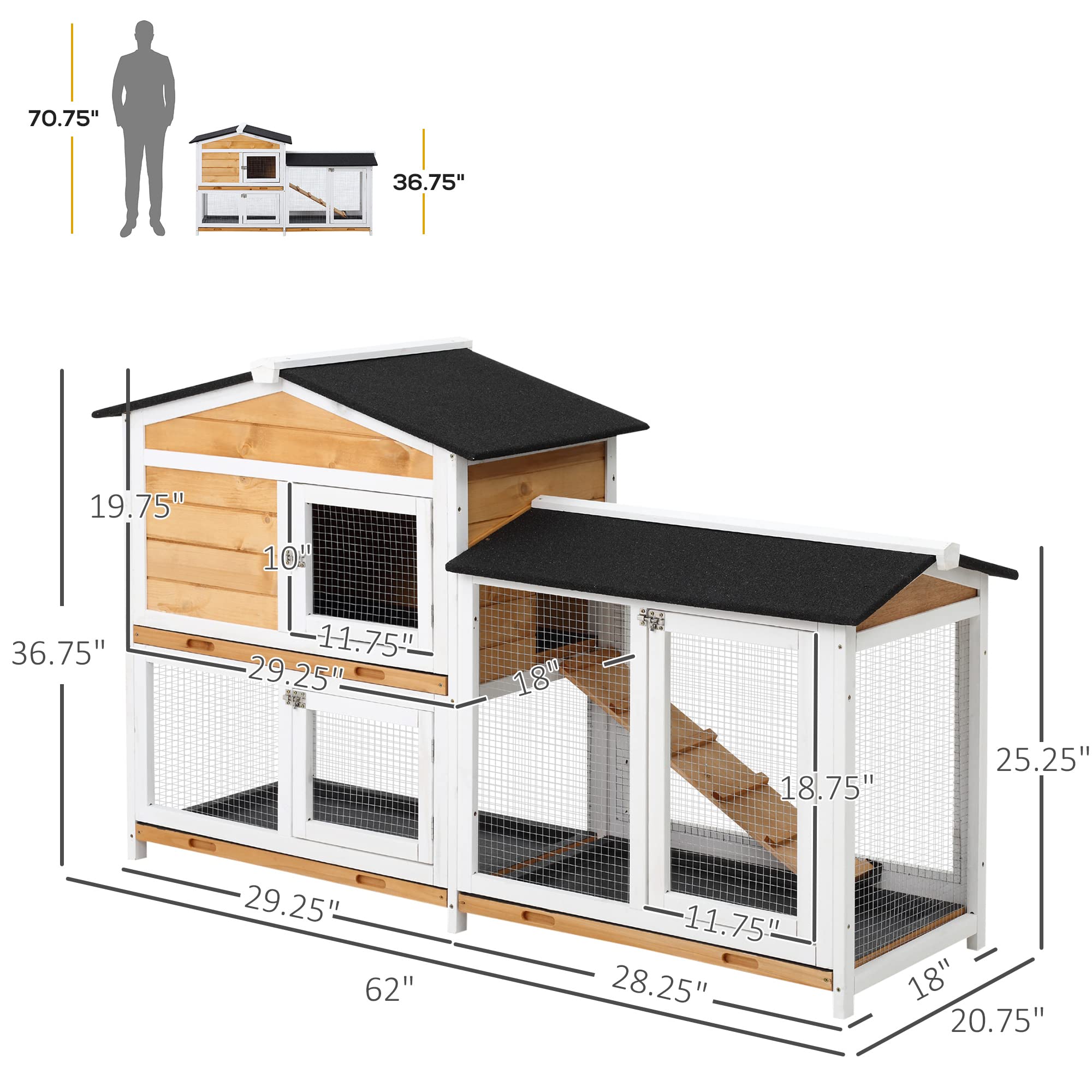 PawHut 62 Rabbit Hutch, Wooden Bunny Hutch, Guinea Pig Cage, Small Animal Enclosure with Run Area, Removable Tray, Asphalt Roof,