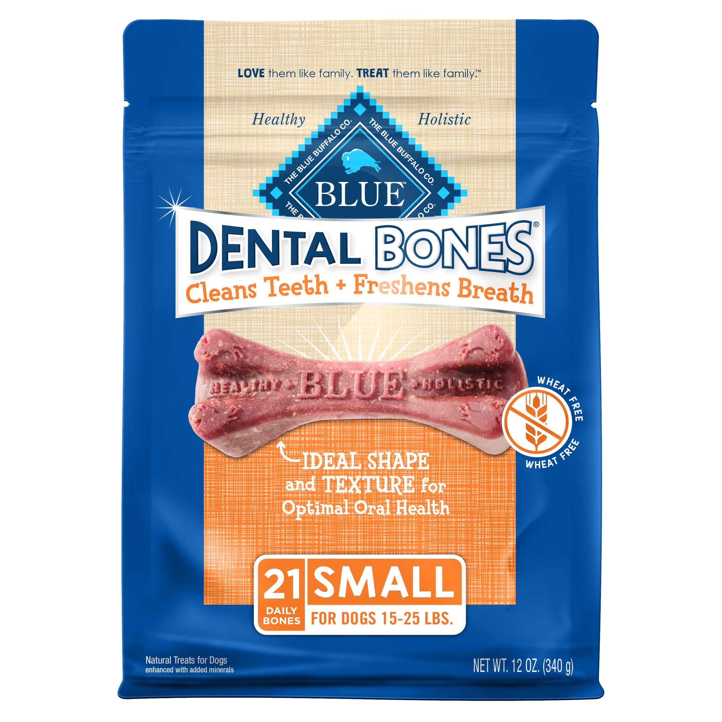 Blue Buffalo Dental Bones Small Natural Dental Chew Dog Treats, (15-25 lbs) 12-oz Bag