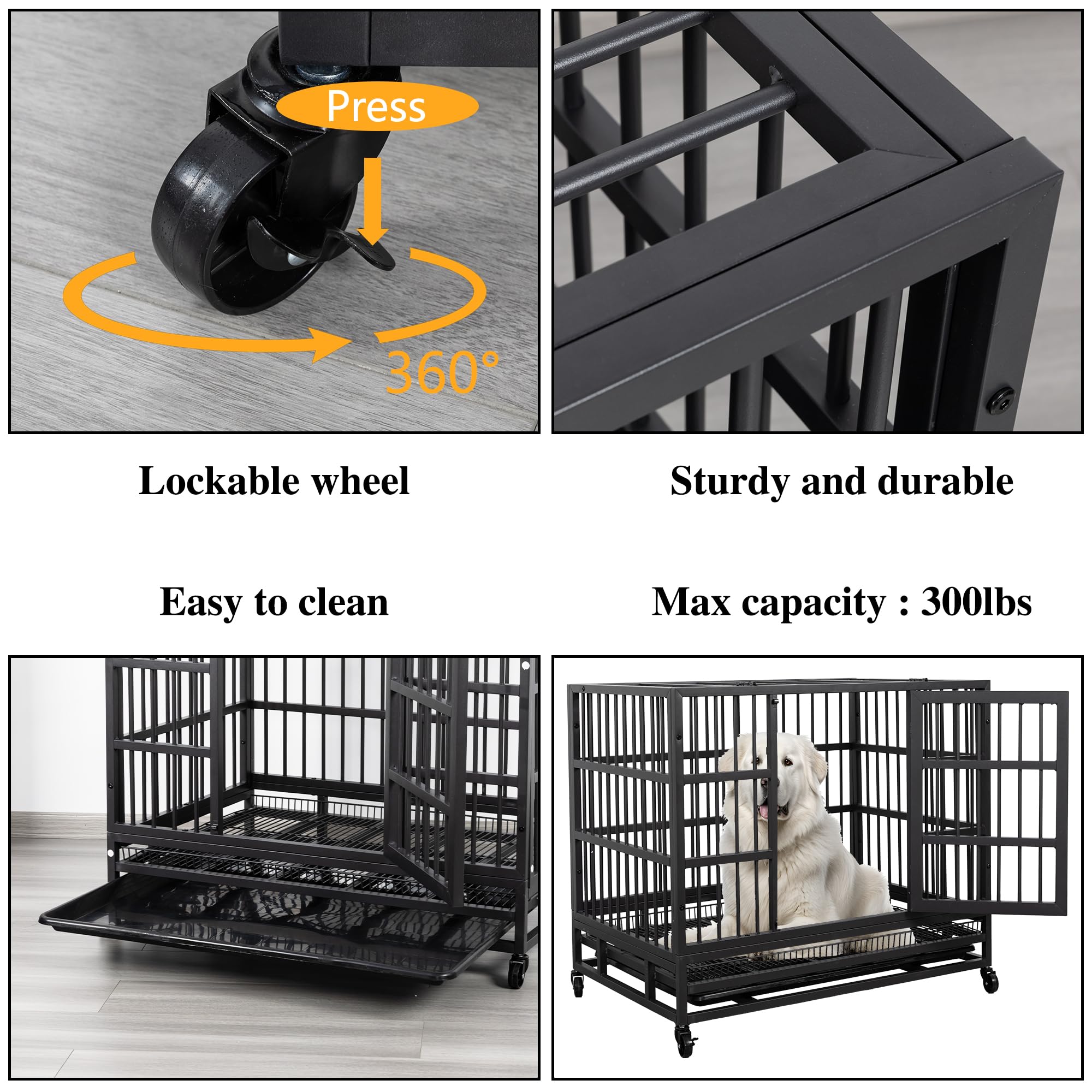 Jy Qaqa 48/38 Inch Heavy Duty Indestructible Dog Crate Double Doors Escape Proof Cage Kennel,Enhanced Metal Pet Cage,Extra Large