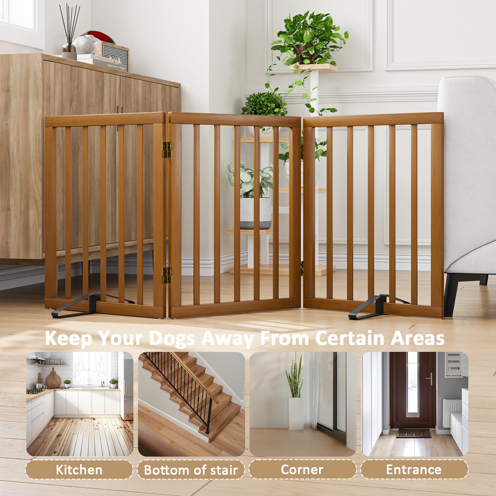 Mino Kesper Freestanding Pet Gate Foldable Dog Gate (55 inches Wide) Walnut Bamboo Dog Gates for Stairs Doorways House (2 Suppor