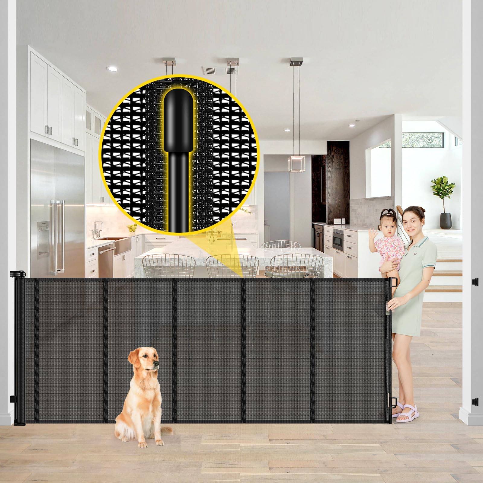 Enhanced 42    Extra Tall & 80    Wide Retractable Baby Gates with Rods to Prevent Crawling Through, Extra Tall Pet Gate for Lar