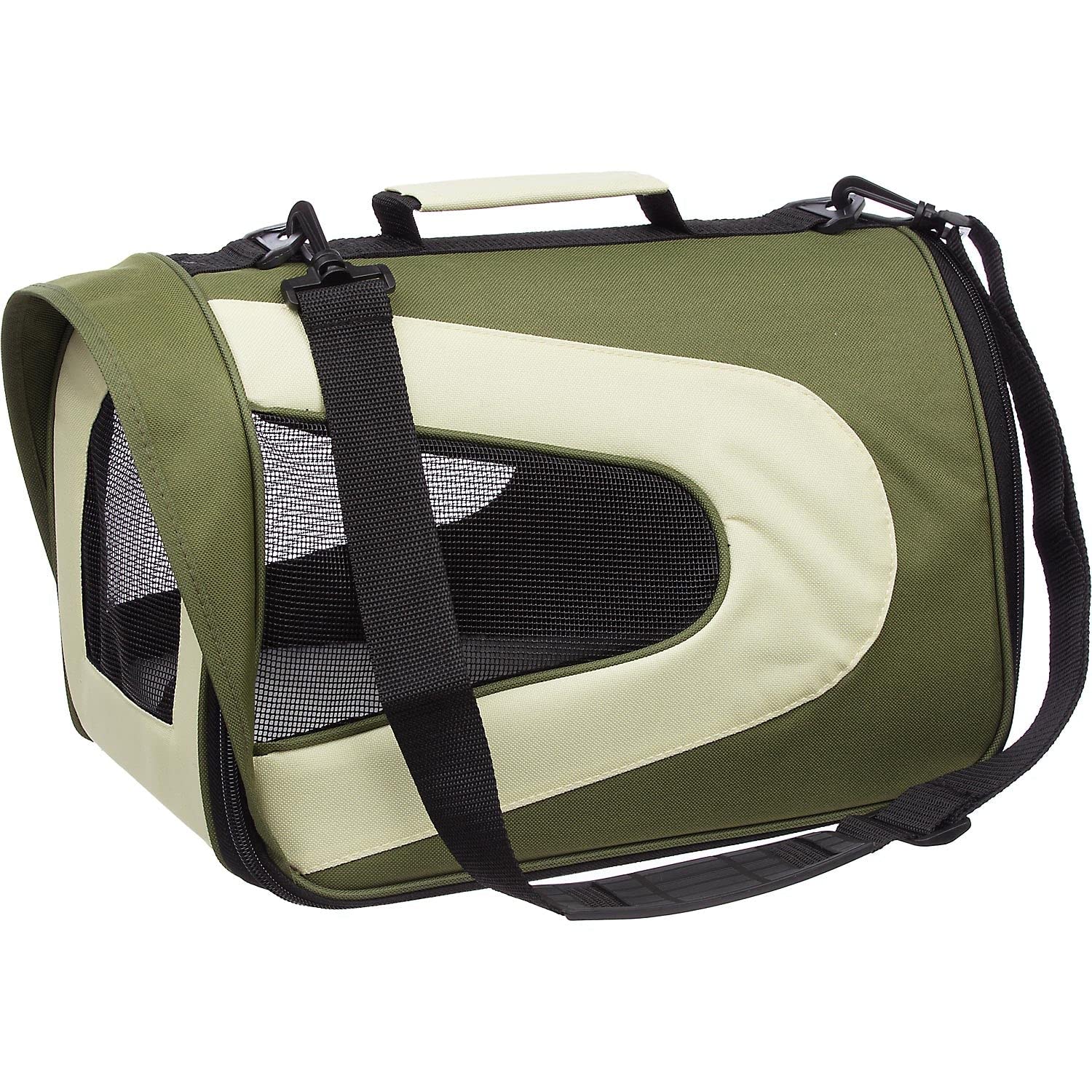 Pet Life Airline Approved Collapsible Zippered Folding Sporty Mesh Travel Fashion Pet Dog Carrier Crate, Medium, Green & Khaki