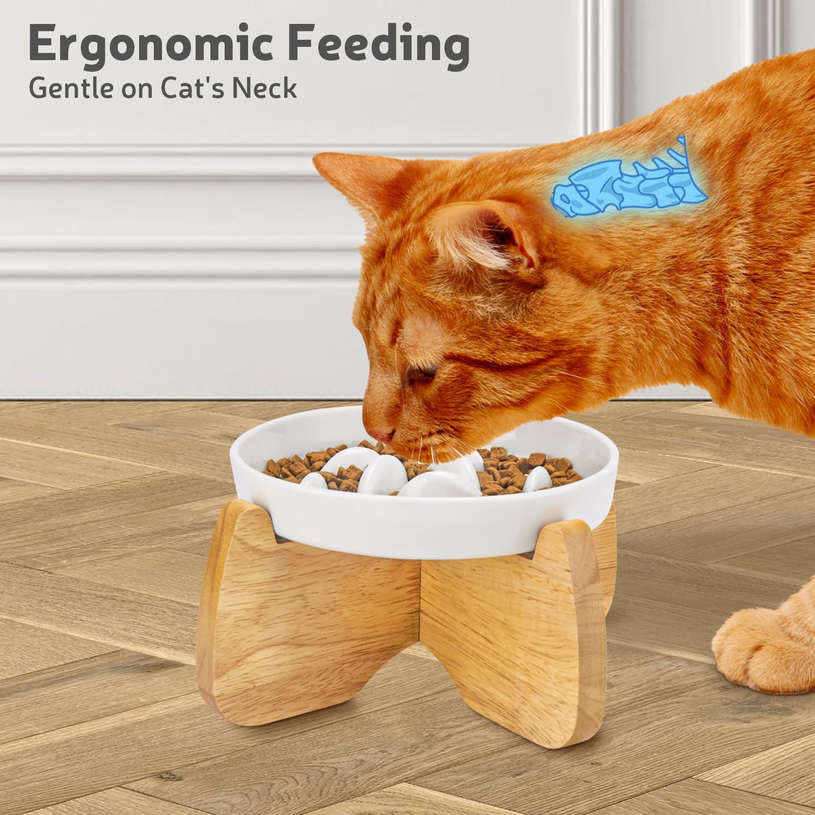 GUWINA Raised Slow Feeder Cat Bowl with Stand, 6.3   Wide Ceramic Elevated Shallow Slow Eating Cat Bowl for Dry/Wet Food, Anti