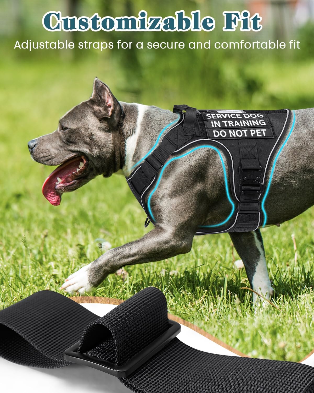 Reflective Black Service Dog In Training Vest Harness For Medium Dogs, Adjustable Heavy Duty Padded Dog Harness, With Front Clip