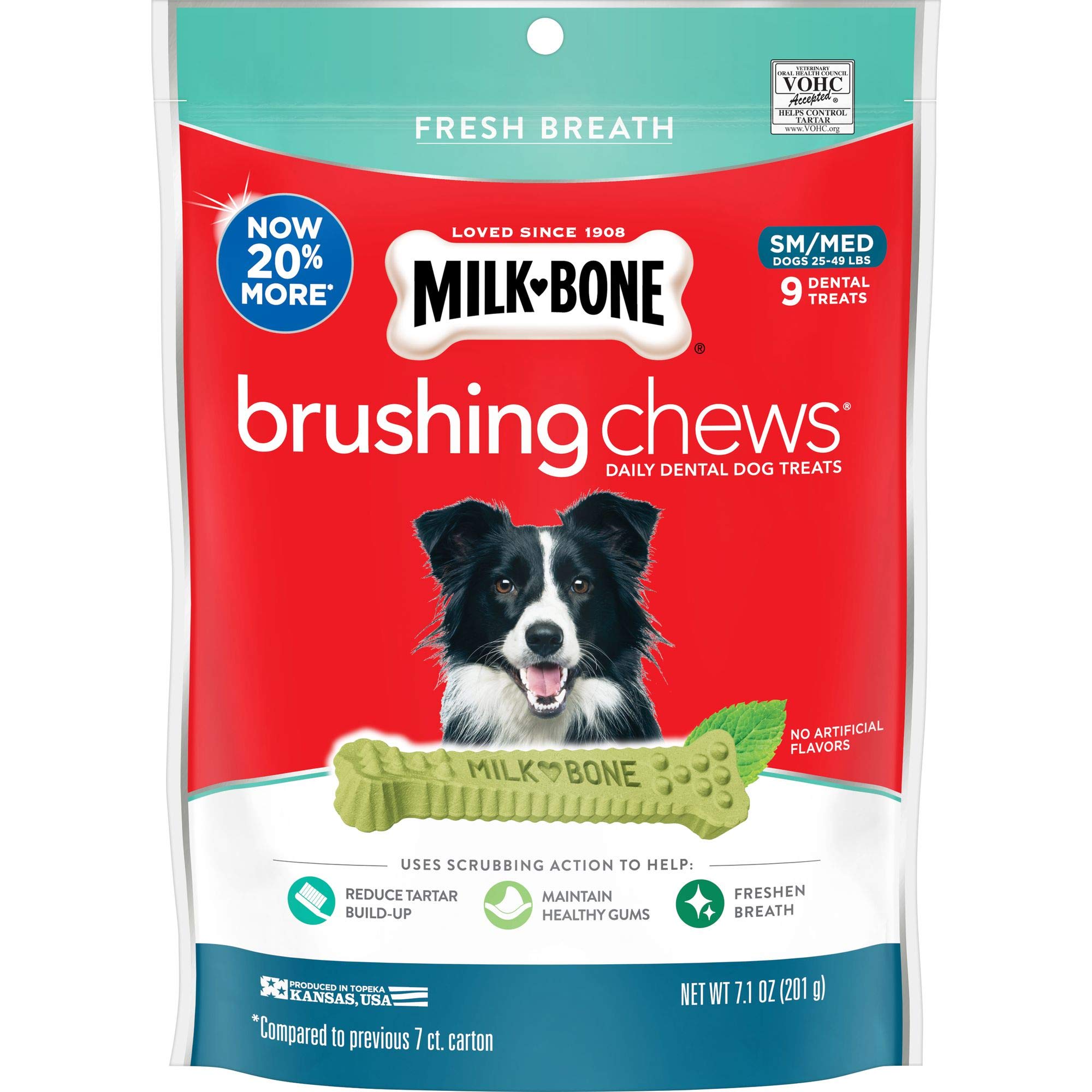Milk-Bone Fresh Breath Brushing Chews, 9 Small/ Medium Daily Dental Dog Treats (Pack of 5) Scrubbing Action Helps Clean Teeth