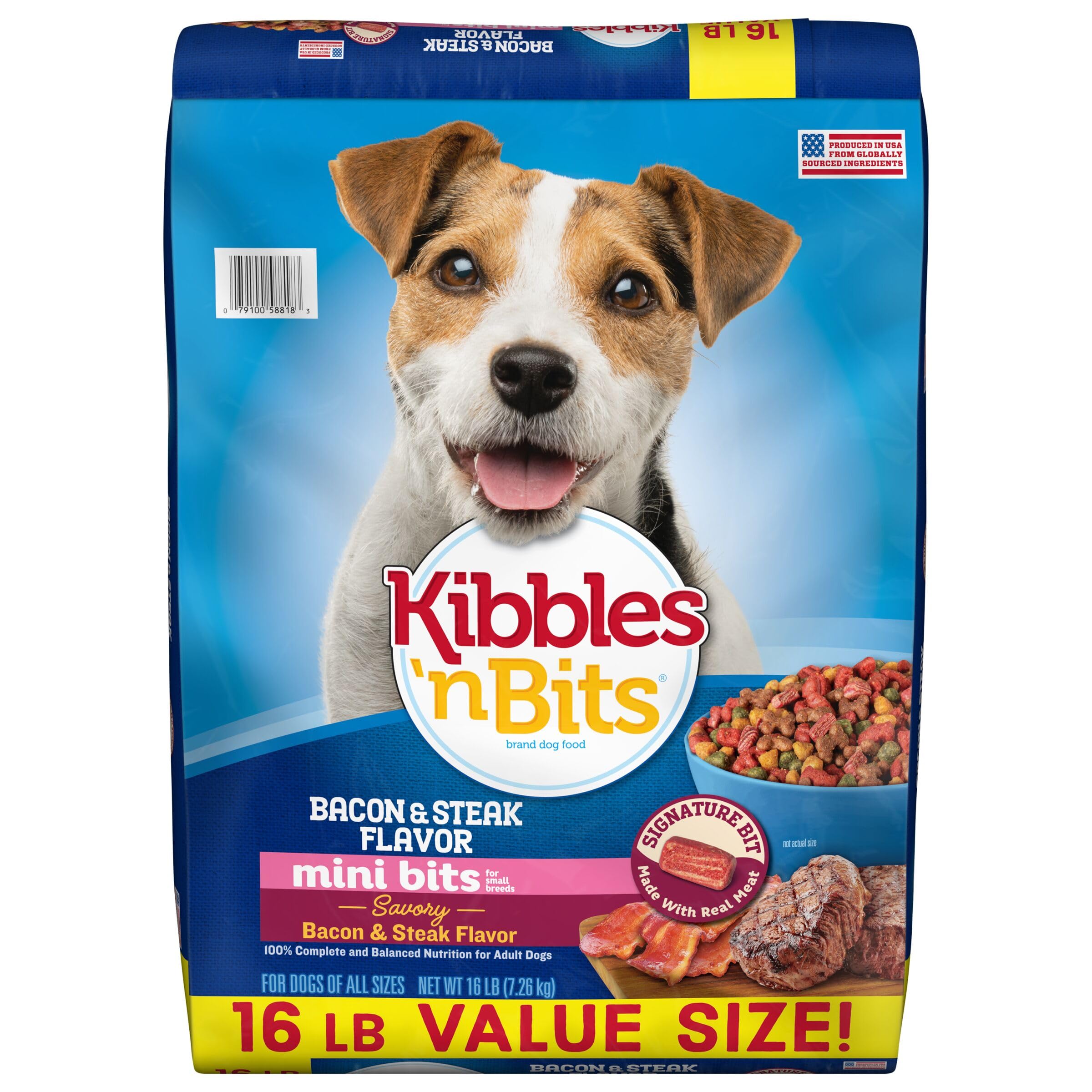 Kibbles n Bits Mini Bits Bacon & Steak Flavor, Dry Small Breed Dog Food, 16-Pound Bag