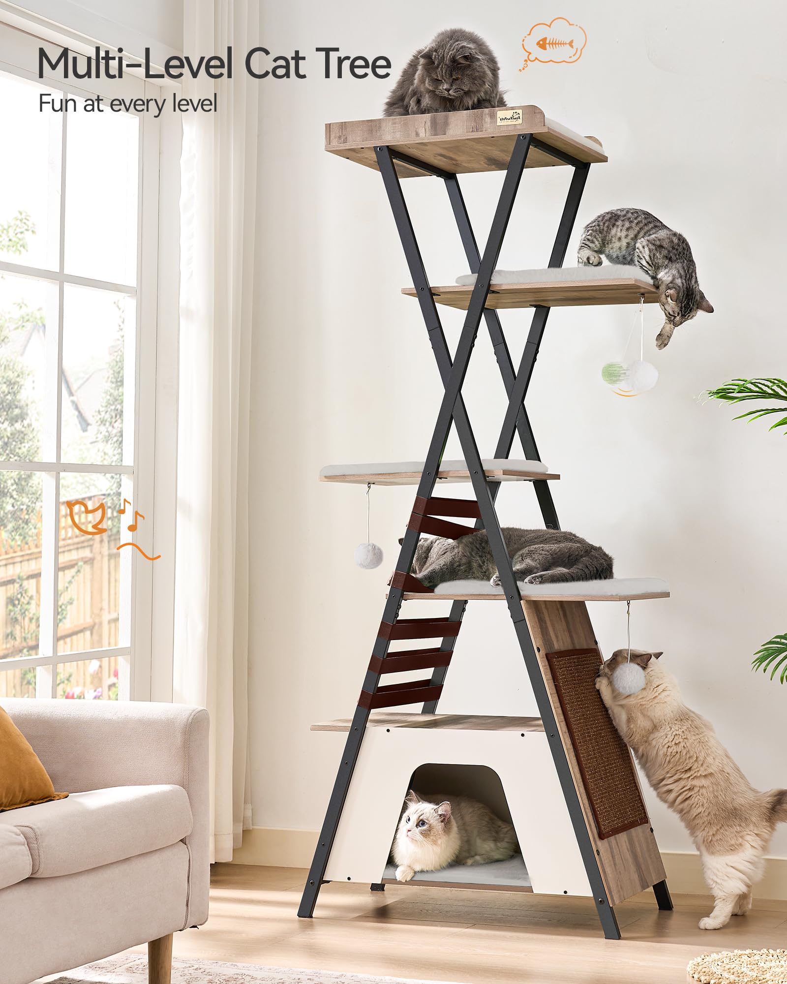 FourFurPets Cat Tree 72.4" Multi-Level Condo, Wooden, Large, Camel Brown, Model 111PMJA05G02, with Scratching Board and Removable Pads