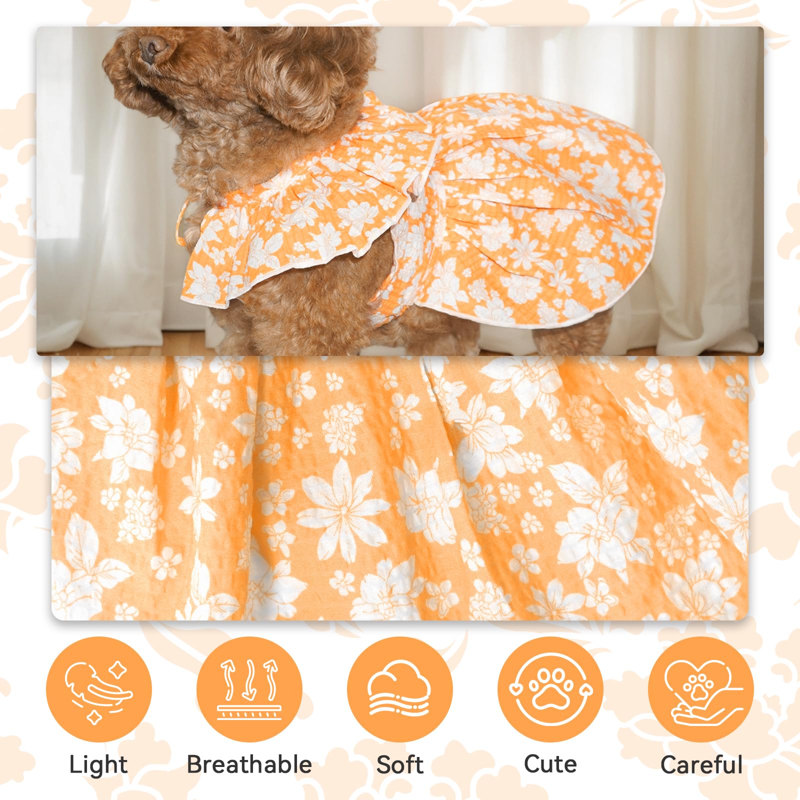 Topkins Dog Dress, Cute Dog Princess Dress With Lace-Up, Pretty Prints Pet Dress Clothes For Small Dog (Orange, S)