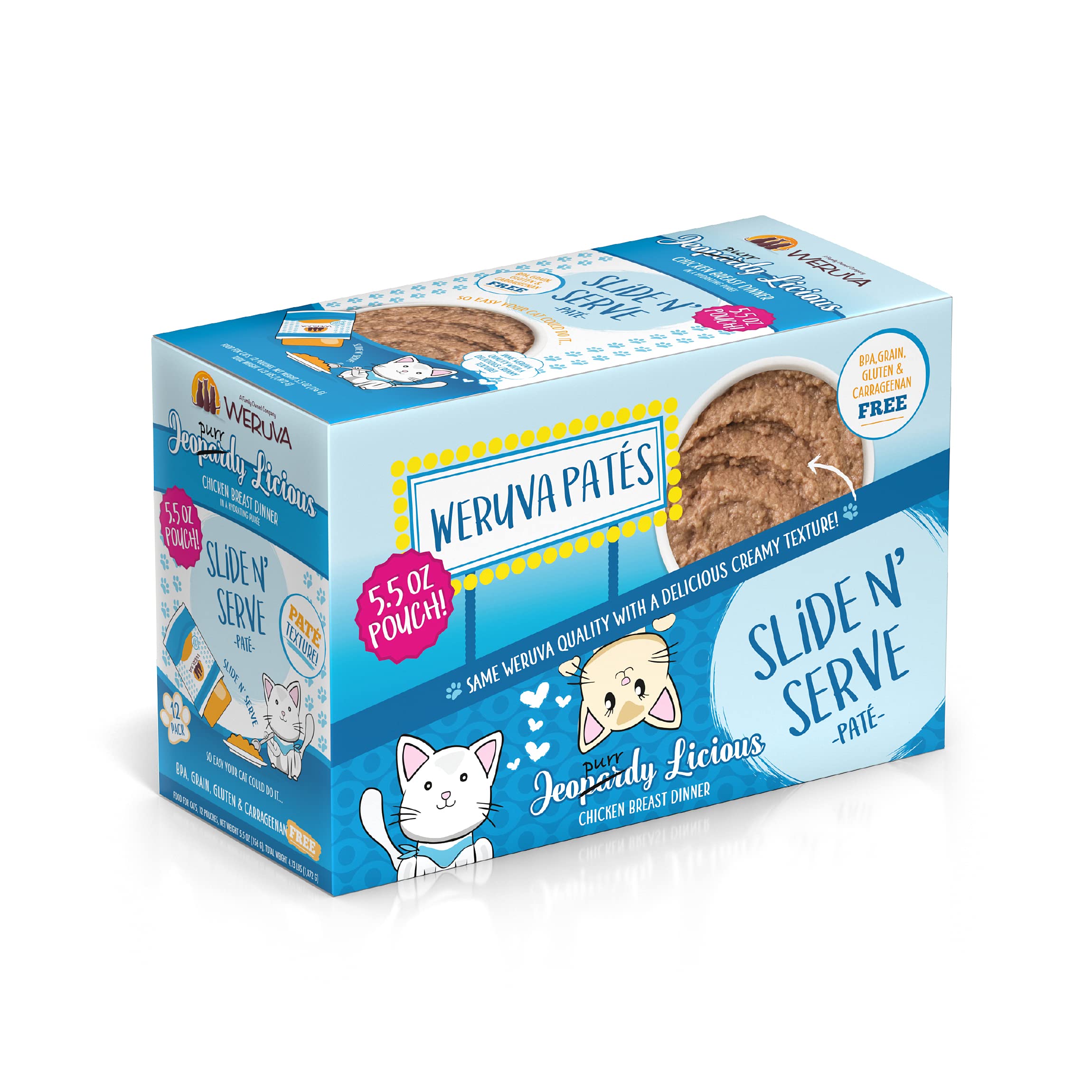 Weruva Wet Cat Food, Jeopurrdy Licious with Chicken Pate, 5.5oz Slide N Serve Pouch, Pack of 12