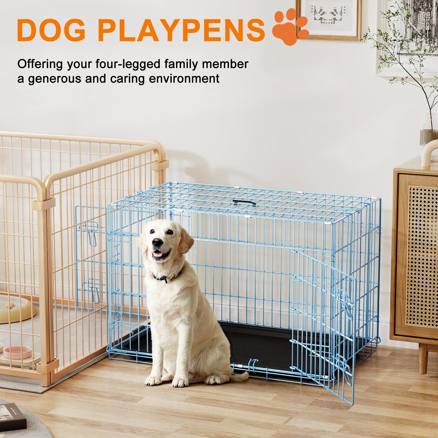 FDW Dog Crate 36inch Dog Cage Foldable Metal Kennel with Leakproof Tray Foldable Design Indoor Outdoor Use for Medium Dogs,Blue
