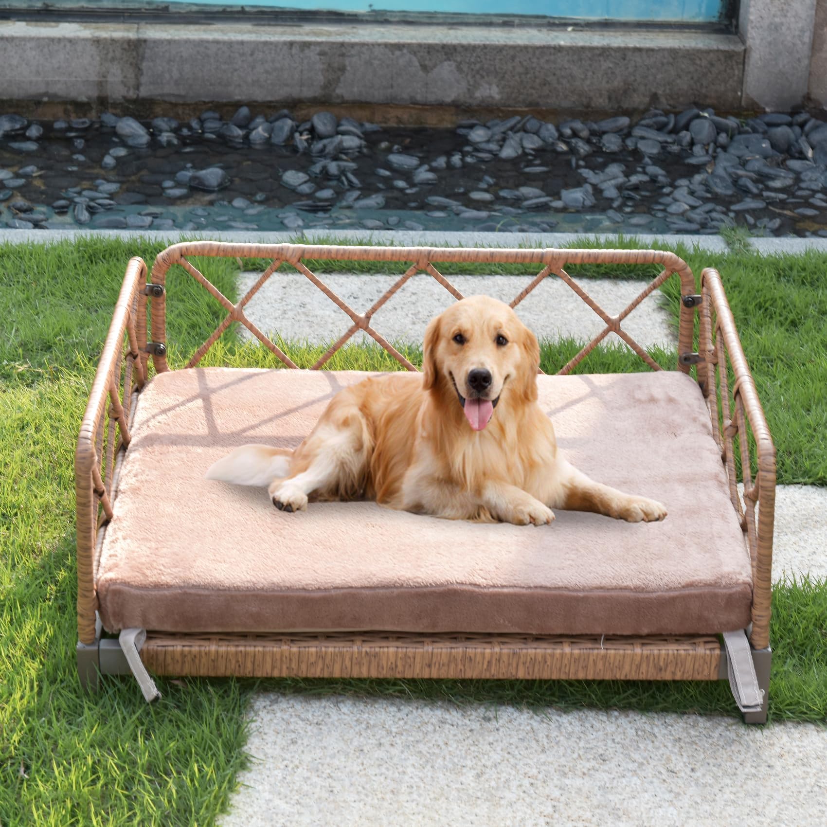 Otair Outdoor Wicker Dog Bed Indoor Rattan Dog Sofa With Soft Cushion (Brown Wicker/White Cushion, Small)