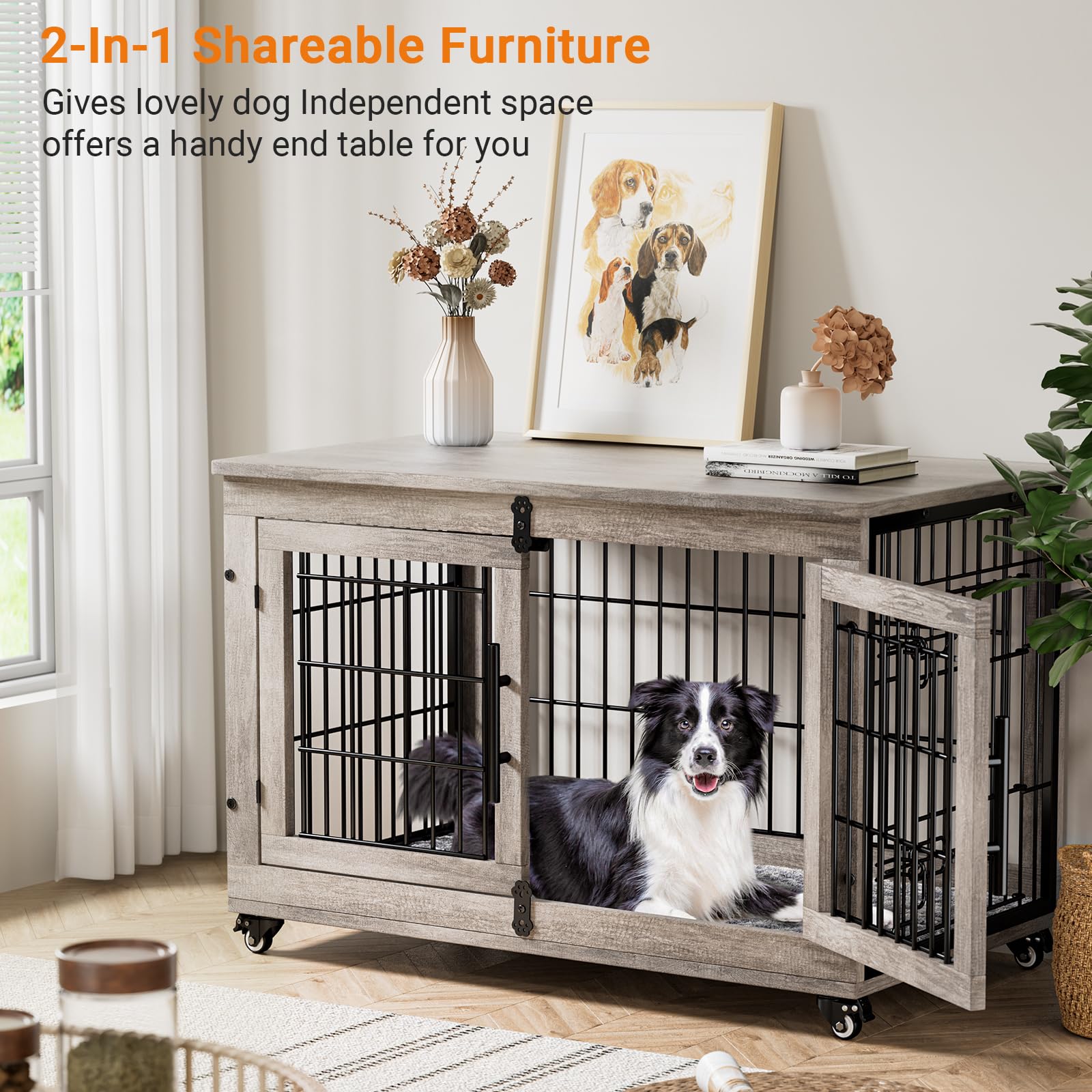Lulive Dog Crate Furniture Set of 2, Dog Kennel Indoor Double Doors Wooden Dog Cage, 38   Heavy Duty Dog Crate with Cushion &