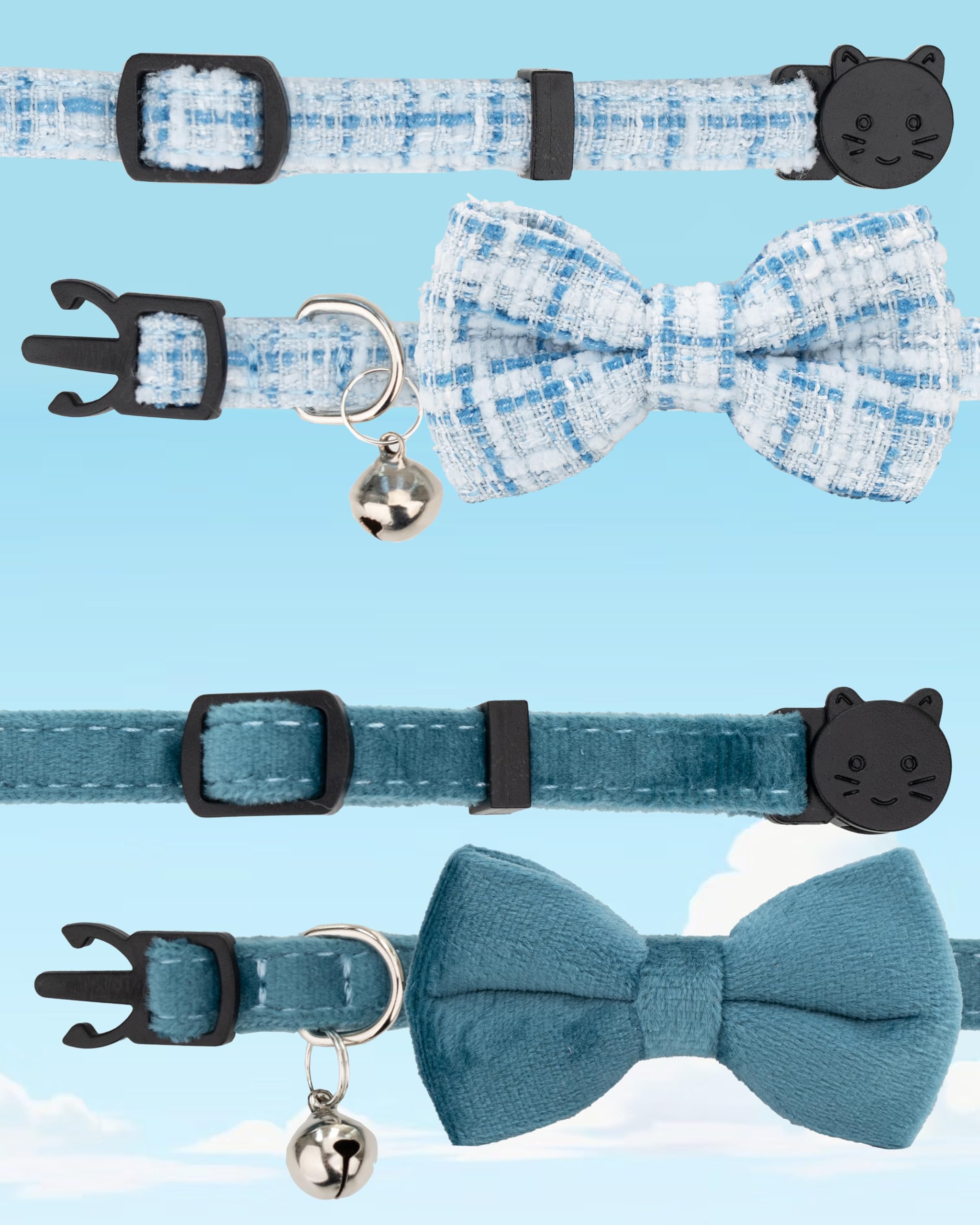 Gyapet Cat Collar Breakaway With Bell Boy Girl Kitten Bow Tie Safety Plaid Solid Color Set Cute Soft Summer B-[2Pcs] Blue