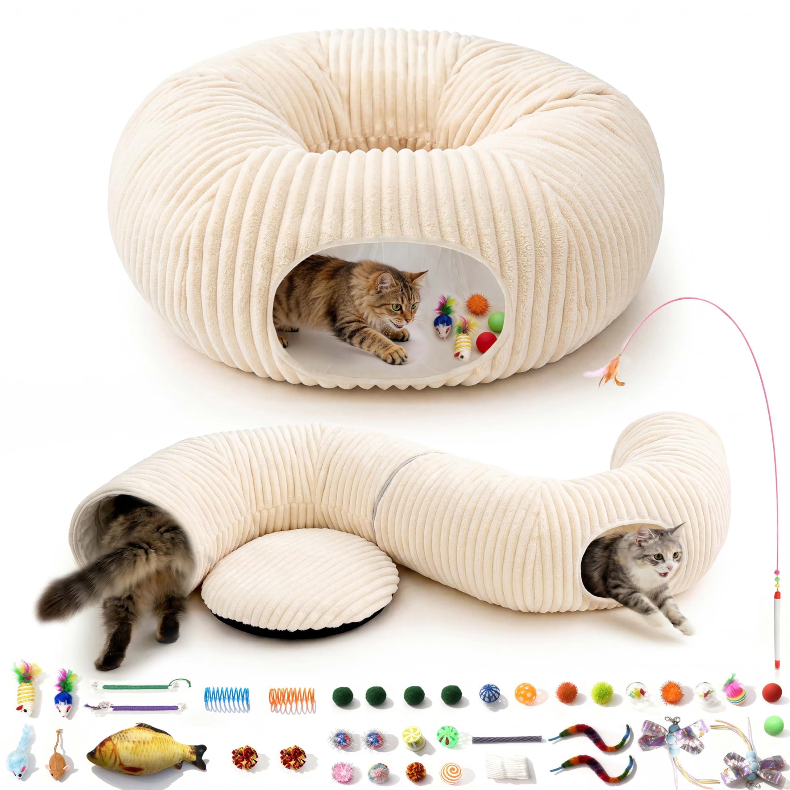 MOYMO Cat Tunnel Bed with 40 Pcs Interactive Cat Toys, Cat Tube with Kitten Toys for Indoor Kittens, Collapsible Play Tunnel, Wh