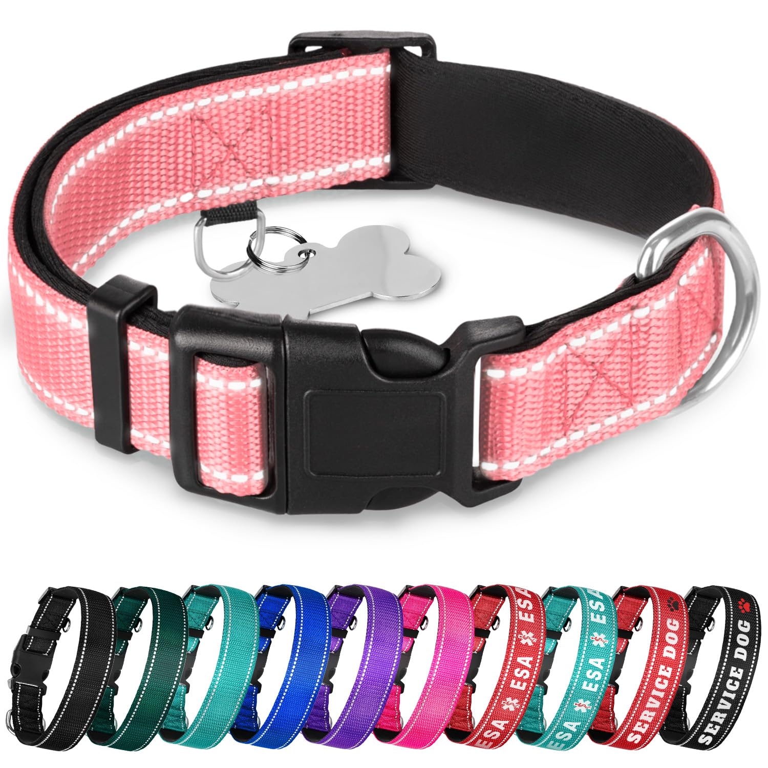 Teceum Reflective Pet Collar - Pink - M - Extra Soft Padding - Basic Nylon Dog Collar - Quick Release Buckle - Fits Small, Mediu