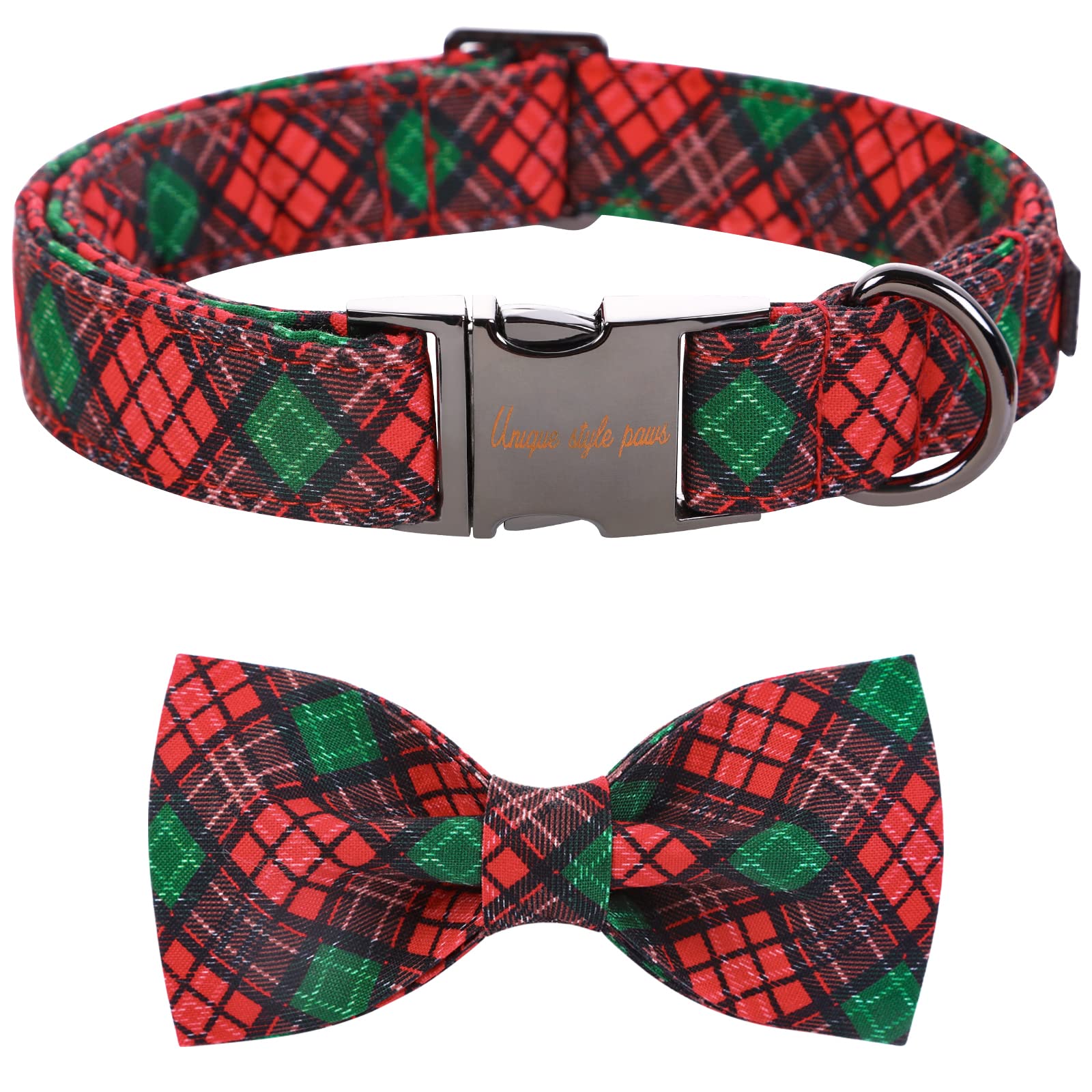 Unique Style Paws Christmas Dog Collar With Bow Tie Red Green Plaid Adjustable Cotton Puppy Collar For Small Medium Large Dogs-Xs