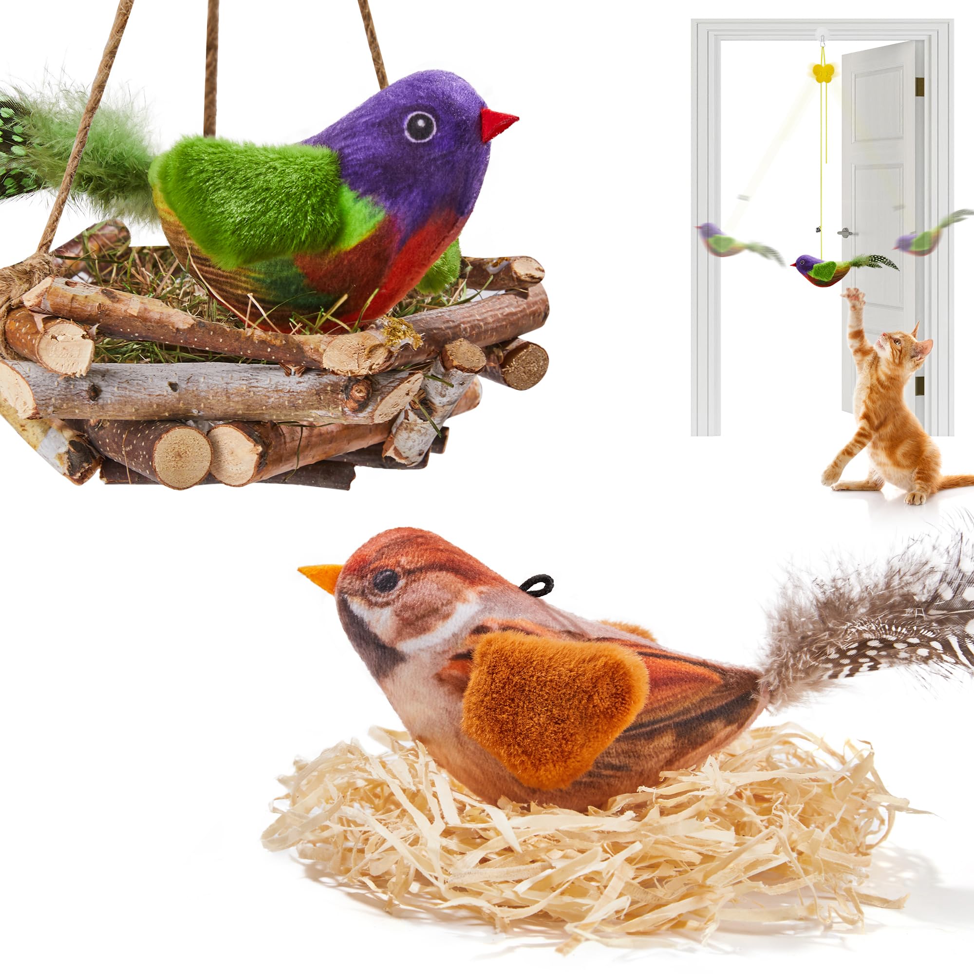 Potaroma Chirping Bird Cat Toys Pack Of 2 Catnip Silvervine, Interactive Lifelike Tweets, Kitty Kitten Indoor Cat Kicker Exercis