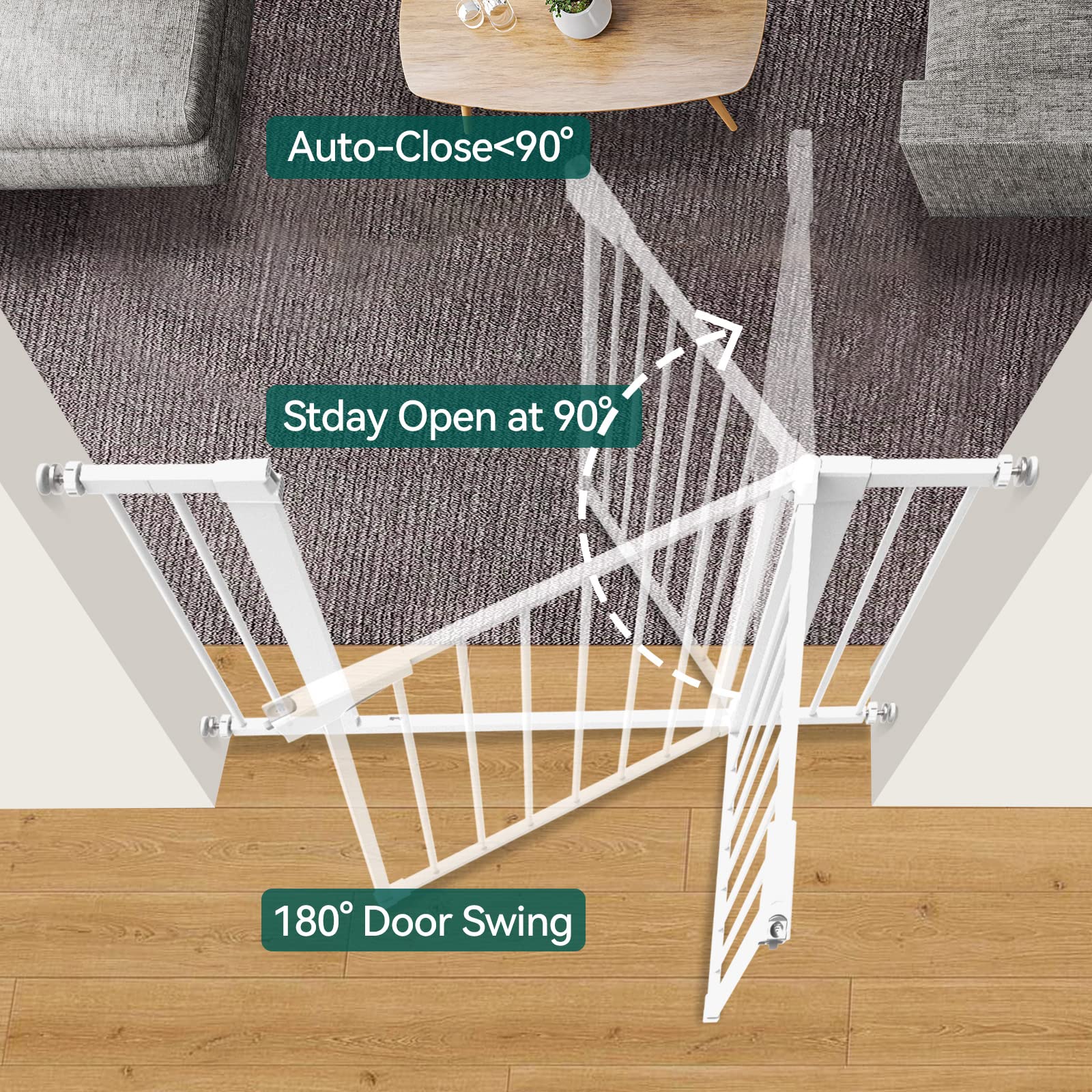 Babelio Metal Baby Gate, 29-43' Auto Close Easy Install Pet Gate, Extra Wide Walk Thru Child Safety Gate, 30' Tall Pressure Mounted Dog Gate For Doorways & Stairs, White