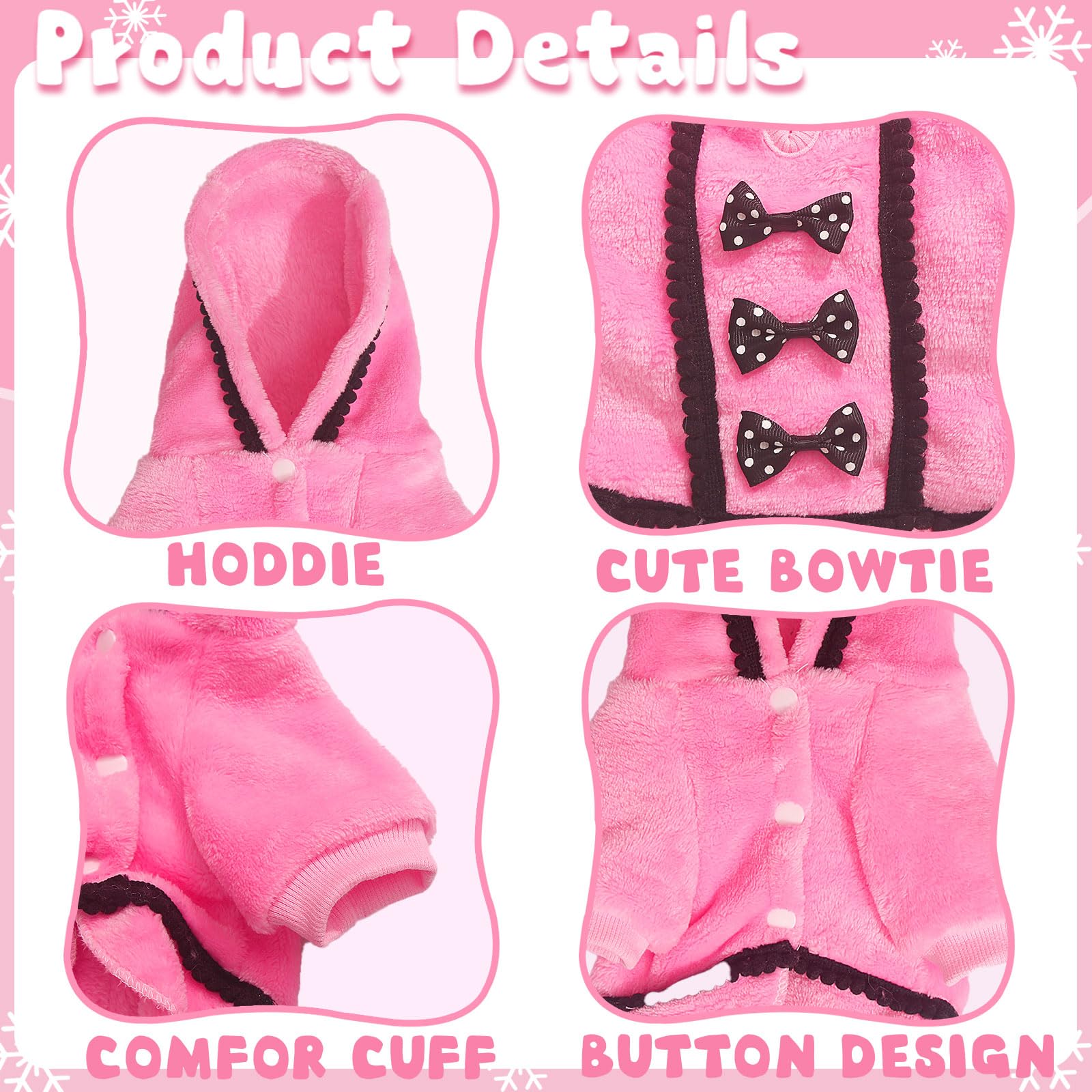 Winter Fleece Sweater Dress For Small Dogs - Warm Puppy Outfit With Leash Hole, Cute Pink Clothes, Bowtie, Chihuahua Pet Hoodie