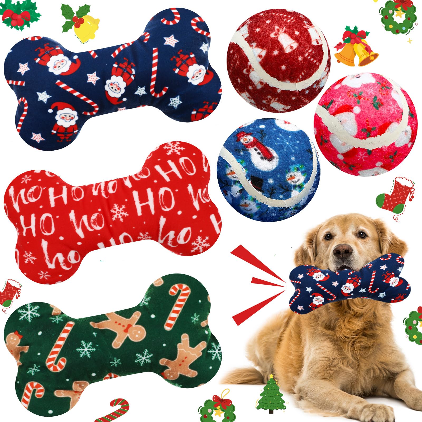 Vertintong 6 Pcs Christmas Dog Toys Puppy Tennis Balls and Squeaky Bone Toys Plush Interactive Pet Toy for Small Medium Large Do