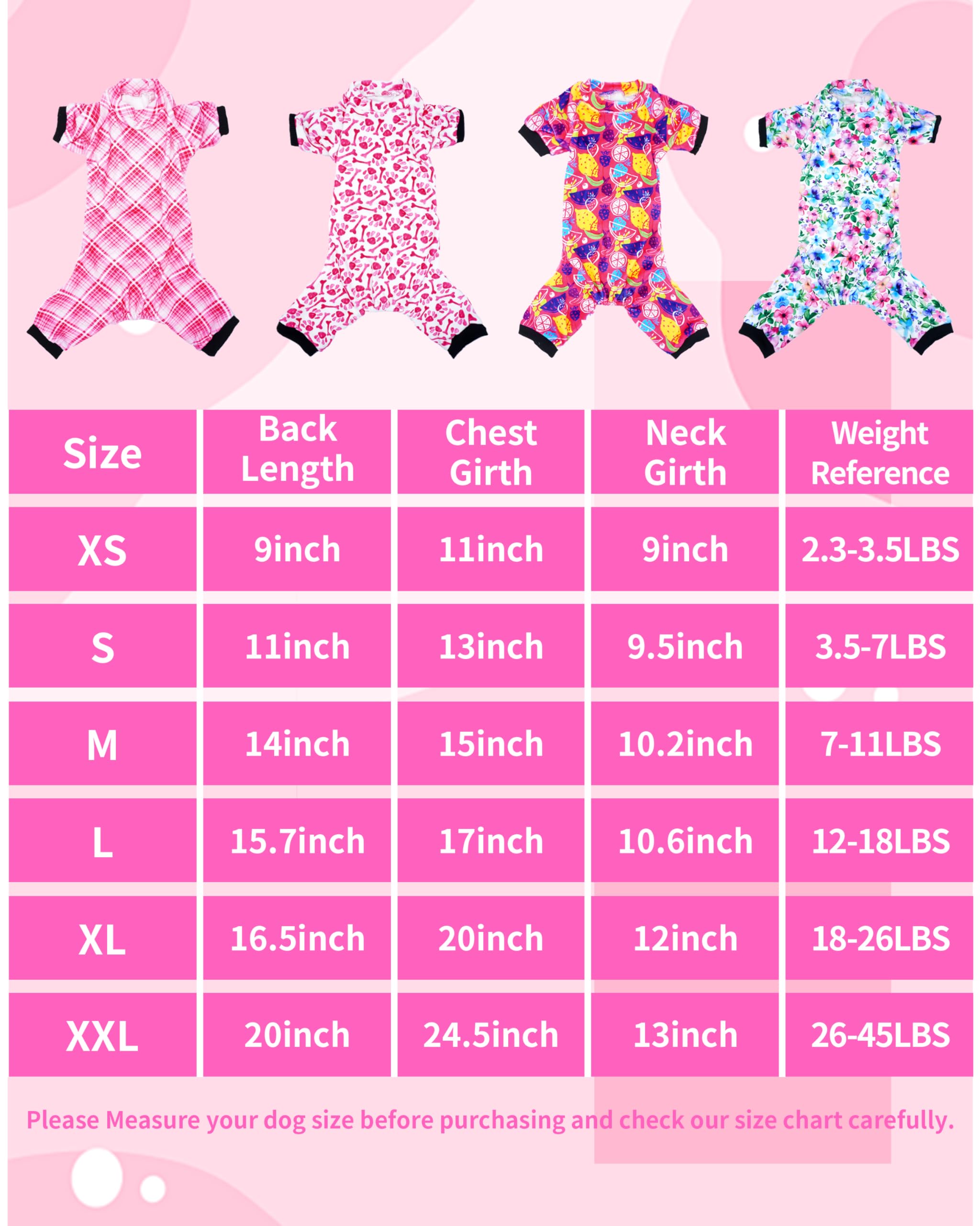 Pet Show 4 Pack Small Dog Pajamas Cute Paw Bone Clothes Doggies Soft Stretchy Pjs Plaid Jumpsuit Puppy Cats Floral Fruits Onesie