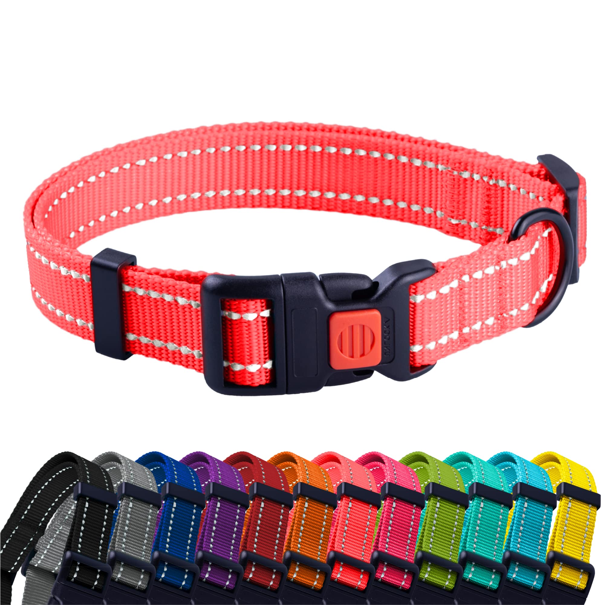 Collardirect Reflective Dog Collar For A Small, Medium, Large Dog Or Puppy With A Quick Release Buckle - Boy And Girl - Nylon Suitable For Swimming (14-18 Inch, Coral)