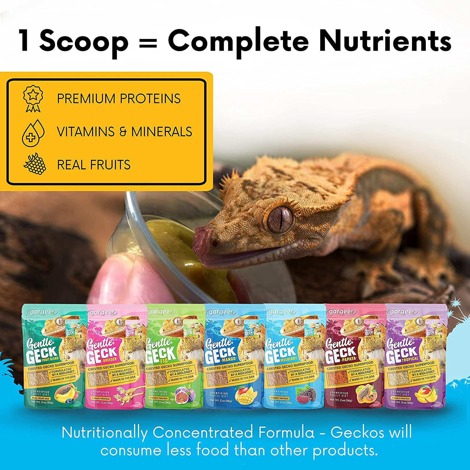 Gargeer 16oz Complete Crested Gecko Food Diet. Premium Ingredients Mix, Ready to Use Freshly Made Powder. Unique Superfood Formu