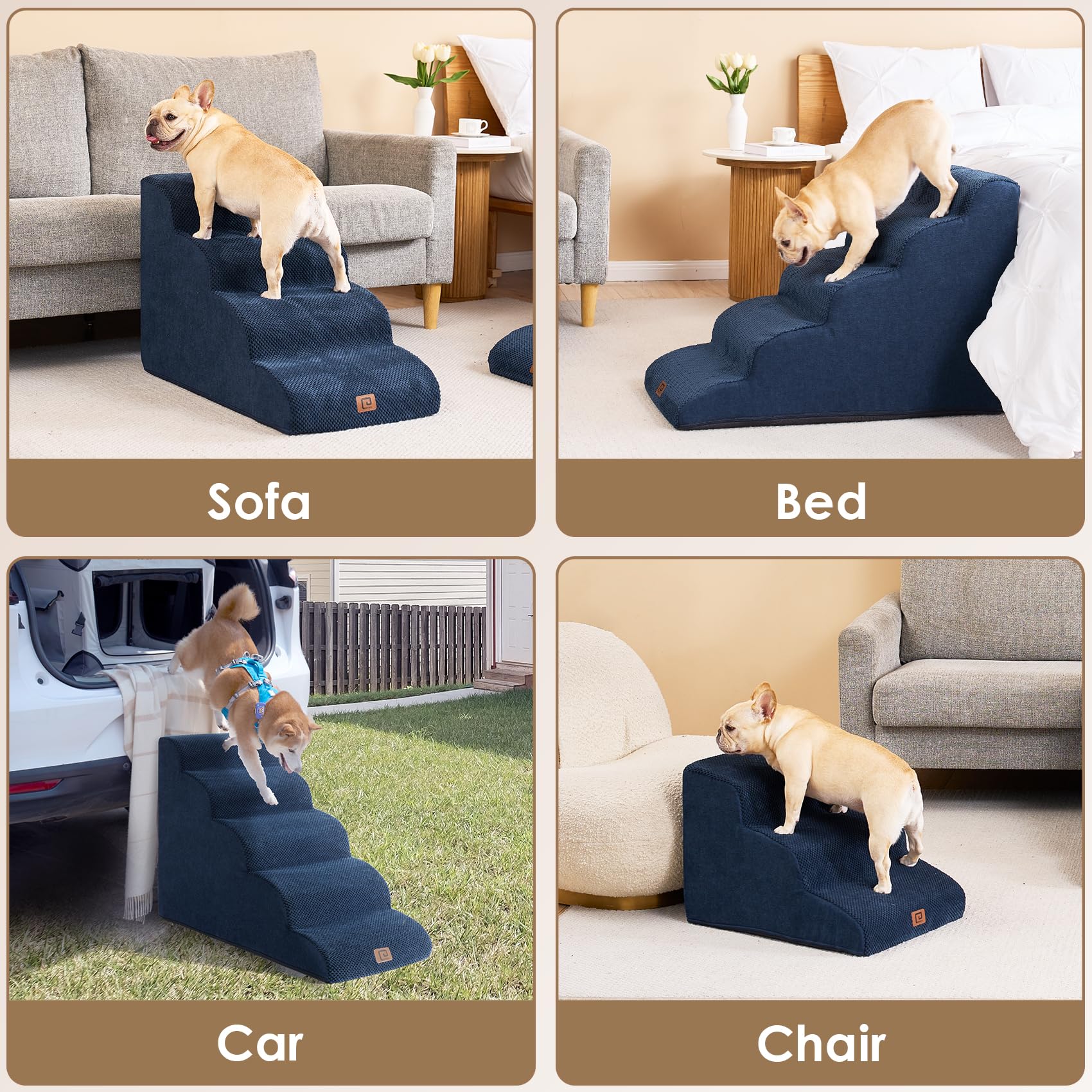 Eheyciga Curved Dog Stairs Ramp For Small Dogs 15.7' H, 3-Step Dog Steps For Couch Sofa And Chair, Pet Stairs For Cats, Non-Slip Balanced Pet Steps Indoor, Navy
