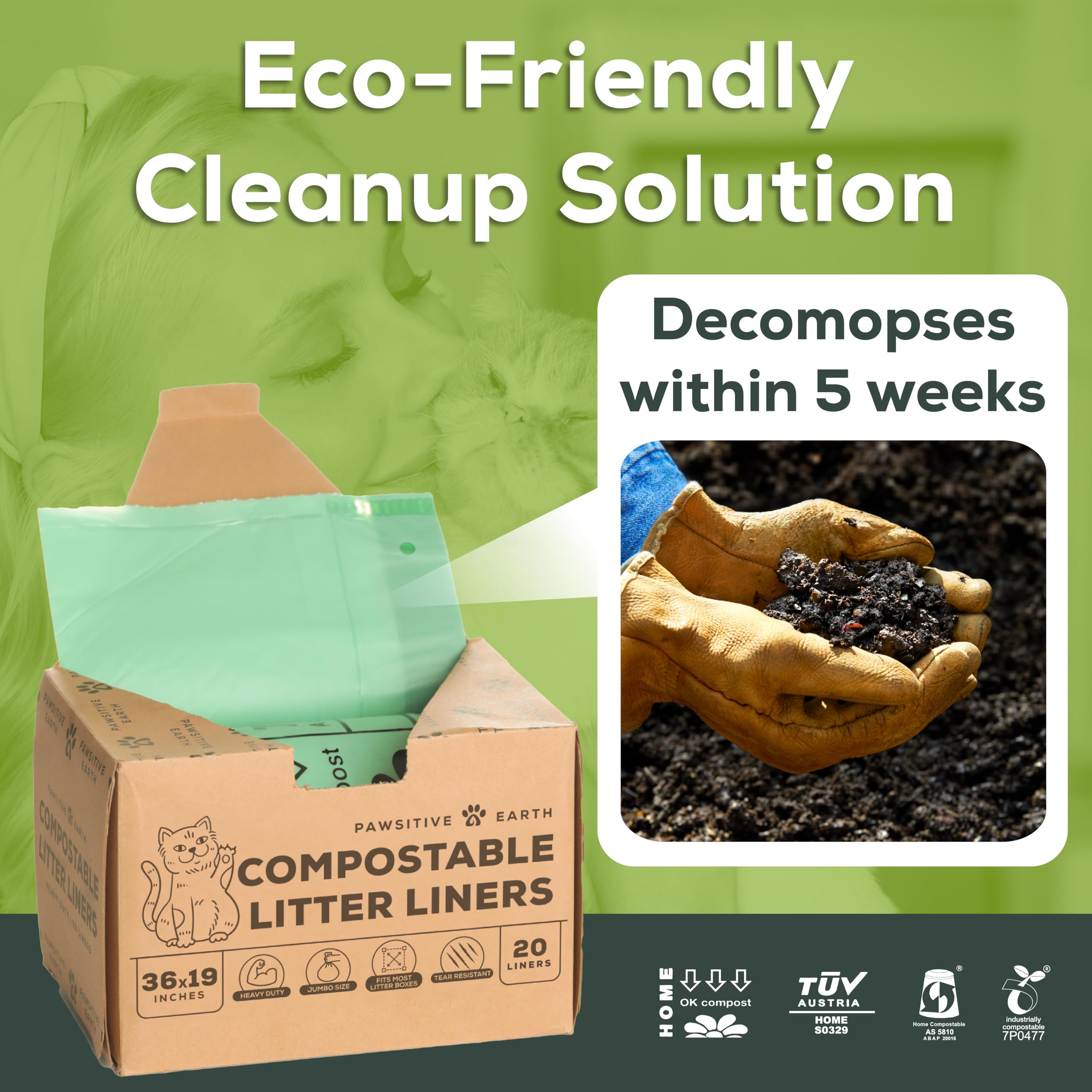 Cat Litter Box Liners 100% Compostable - Drawstring Close - 20 Count - Jumbo Size 36'' X 19'' - Tear & Leak Resistant - Ok Compo
